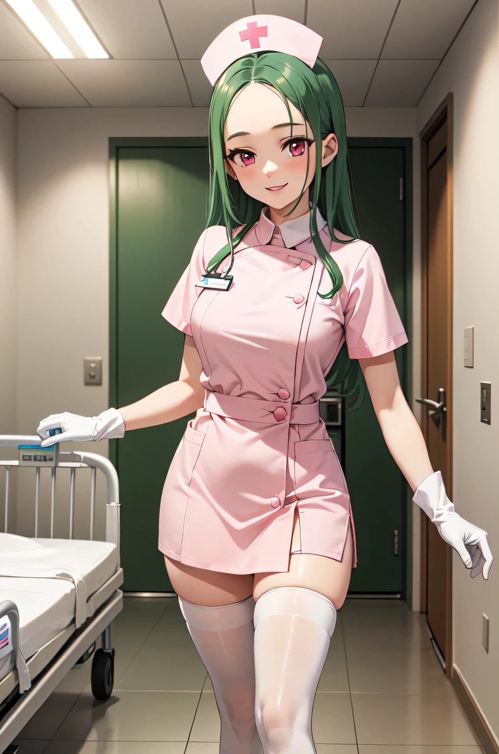 1woman, solo, nurse, white nurse cap, white nurse uniform, ((white legwear, zettai ryouiki)), white gloves, forehead, long hair, green hair, pink eyes, pink lips, smile, standing, ((hospital room)), sharp outline, short sleeves, mature female, 35 years old, best quality, masterpiece