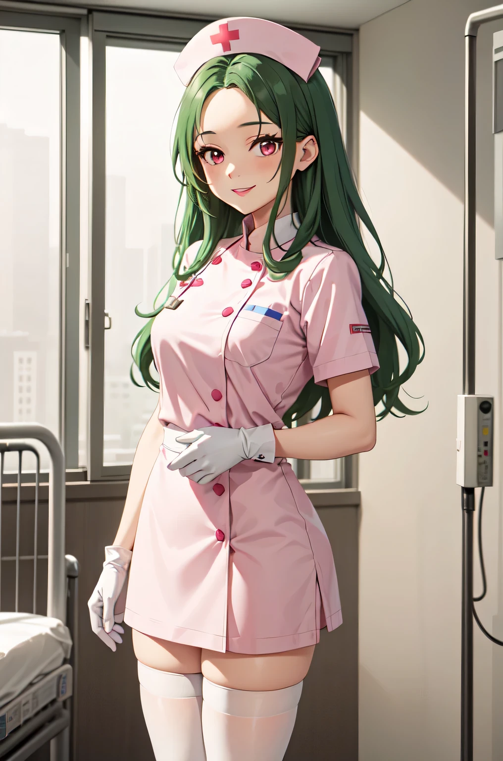 1woman, solo, nurse, white nurse cap, white nurse uniform, ((white legwear, zettai ryouiki)), white gloves, forehead, long hair, green hair, pink eyes, pink lips, smile, standing, ((hospital room)), sharp outline, short sleeves, mature female, 35 years old, best quality, masterpiece