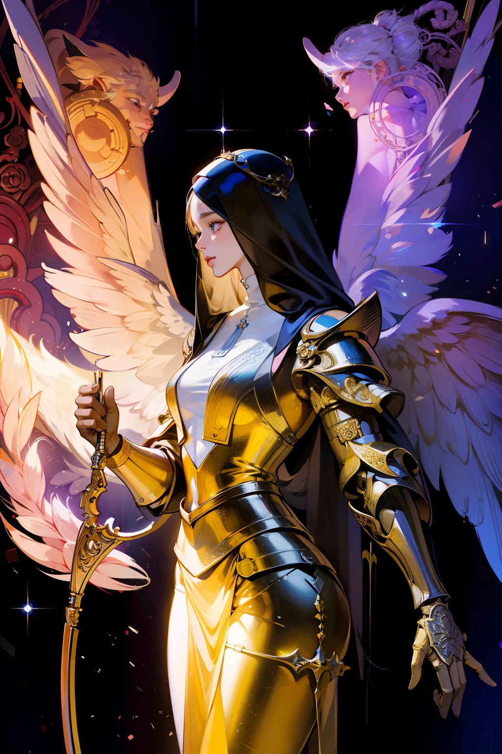 ((original photo)), ((masterpiece)), Anthropomorphic humanoid angel girl wearing the armor of a nun, intricate details, futobot, Complex Greebles Fragments, Haibei, wings, beauty, Detailed eyes and lips, Holding a bow and arrow,shooting status