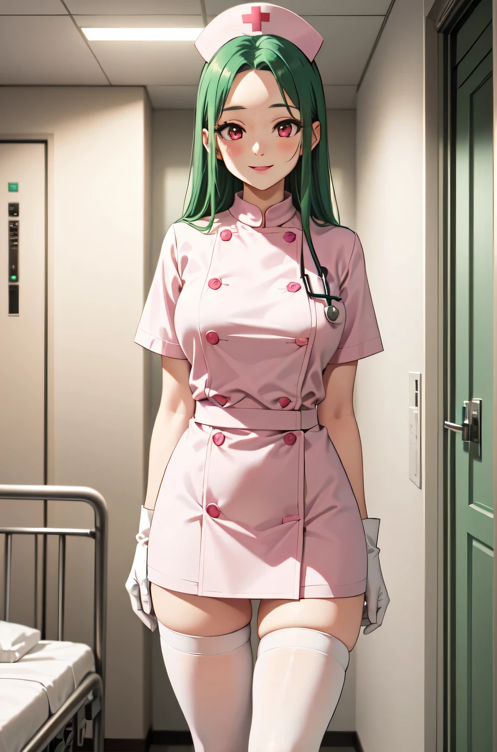 1woman, solo, nurse, white nurse cap, white nurse uniform, ((white legwear, zettai ryouiki)), white gloves, forehead, long hair, green hair, pink eyes, pink lips, smile, standing, ((hospital room)), sharp outline, short sleeves, mature female, 35 years old, best quality, masterpiece