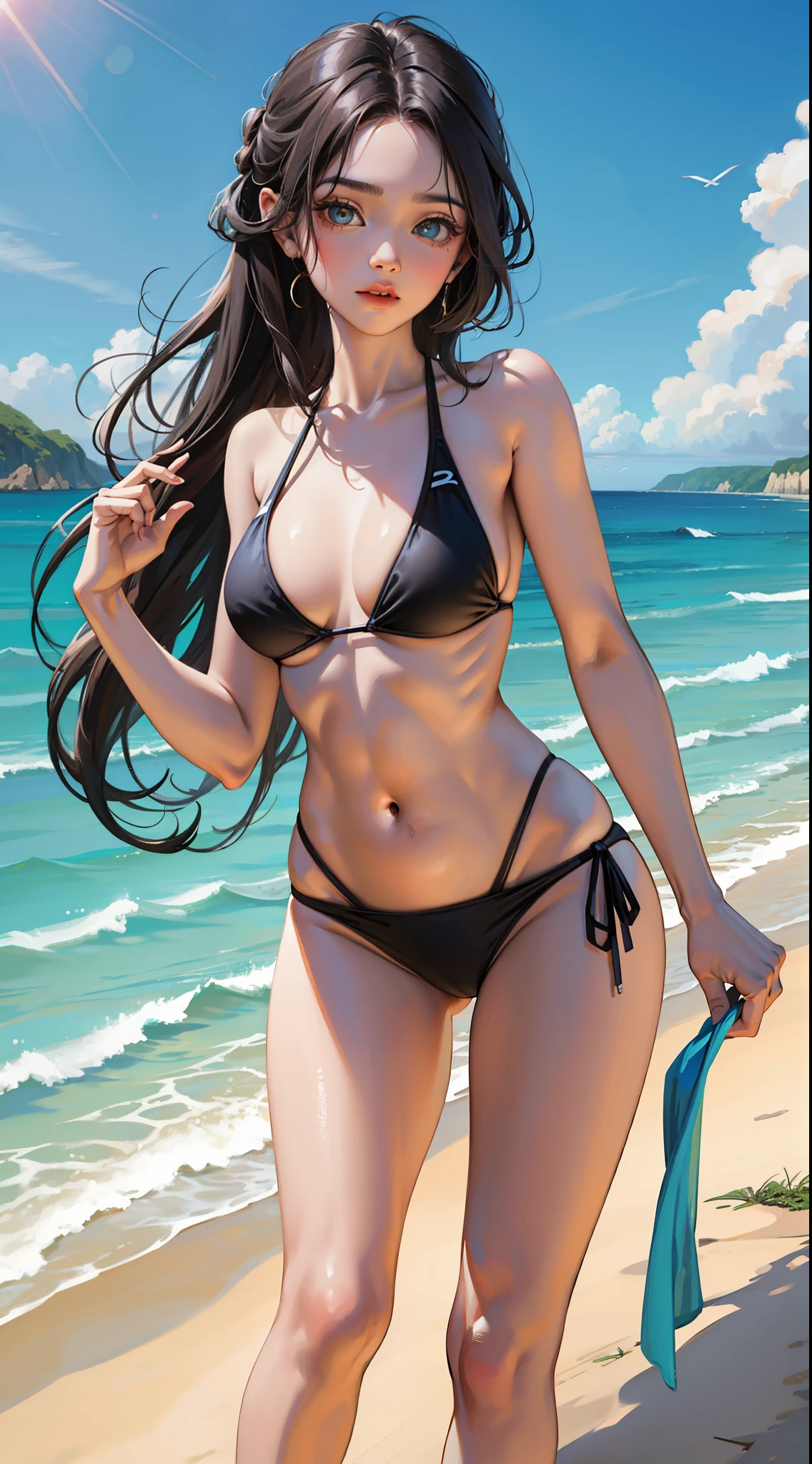 jovem, cabelo preto longo, bikini rosa, na praia, olhos verdes, fitness, seios grandes, pernas abertas, 4k, realista