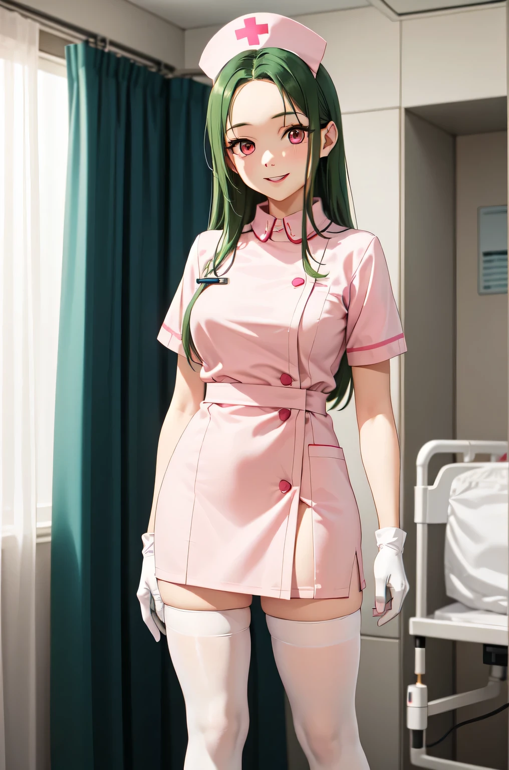 1woman, solo, nurse, white nurse cap, white nurse uniform, ((white legwear, zettai ryouiki)), white gloves, forehead, long hair, green hair, pink eyes, pink lips, smile, standing, ((hospital room)), sharp outline, short sleeves, mature female, 35 years old, best quality, masterpiece