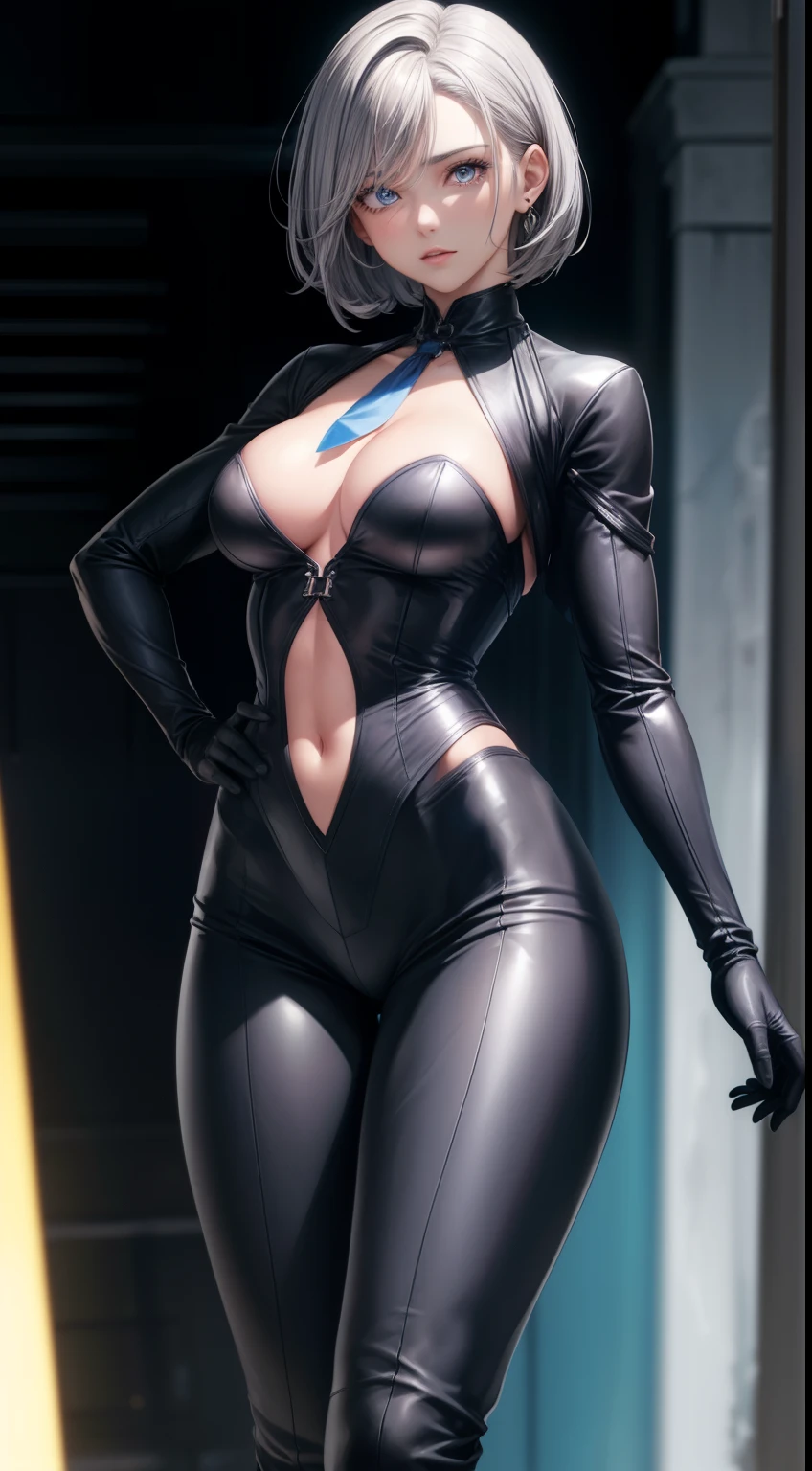 masterpiece, highest quality, high resolution, 1 girl, gray hair, short hair, blue eyes, medium breasts, OL, tie, black suit, pencil skirt, put your hands on your hips, outdoor,Idol Master,,anastasia,Knee-high boots,pants suit,((((perfect anatomy, super dense skin))))