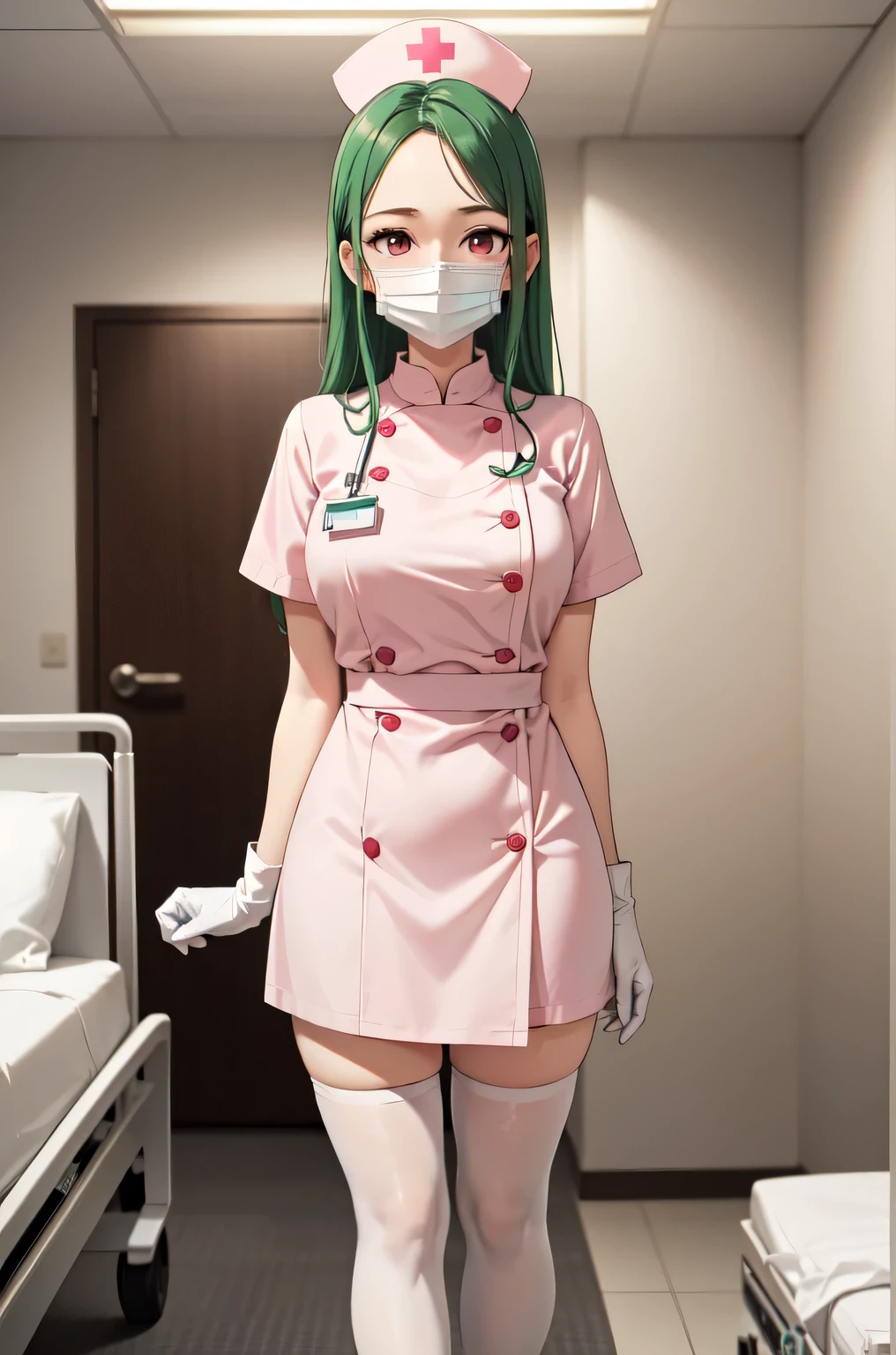 1woman, solo, nurse, white nurse cap, white nurse uniform, ((white legwear, zettai ryouiki)), white gloves, forehead, long hair, green hair, pink eyes, ((white surgical mask, covered nose)), standing, ((hospital room)), sharp outline, short sleeves, mature female, 35 years old, best quality, masterpiece