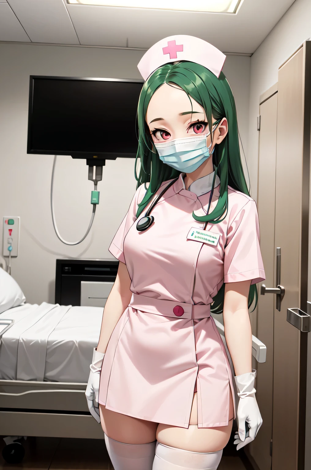 1woman, solo, nurse, white nurse cap, white nurse uniform, ((white legwear, zettai ryouiki)), white gloves, forehead, long hair, green hair, pink eyes, ((white surgical mask, covered nose)), standing, ((hospital room)), sharp outline, short sleeves, mature female, 35 years old, best quality, masterpiece