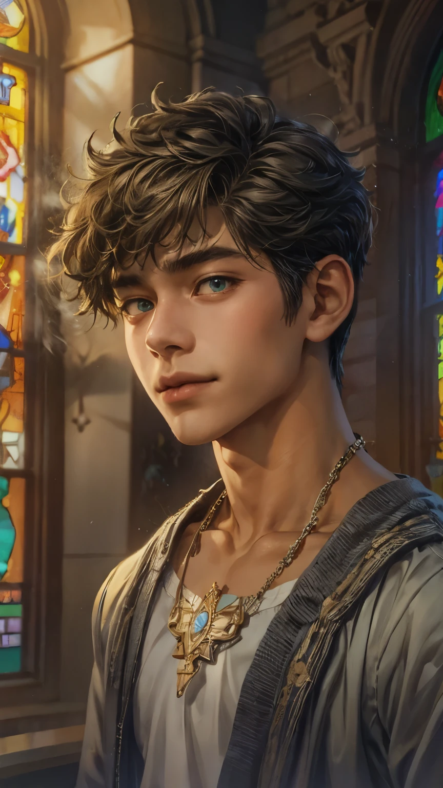 (absurdres, highres, ultra detailed, HDR), masterpiece, intricate details, best quality close-up picture of young Filipino boy with a perfect face, smirks, a boy with handsome looks, cool casual outfit, short hair, anime eyes, matured teen, fantastic outfit showing chest, crop top, detailed Philippines interiors, window church scenery, detailed character, art kenouji