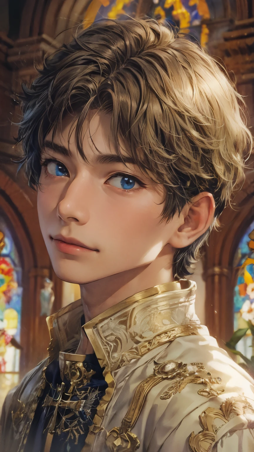 (absurdres, highres, ultra detailed, HDR), masterpiece, intricate details, best quality close-up picture of young Filipino boy with a perfect face, smirks, a boy with handsome looks, cool casual outfit, short hair, anime eyes, matured teen, fantastic outfit showing chest, crop top, detailed Philippines interiors, window church scenery, detailed character, art kenouji