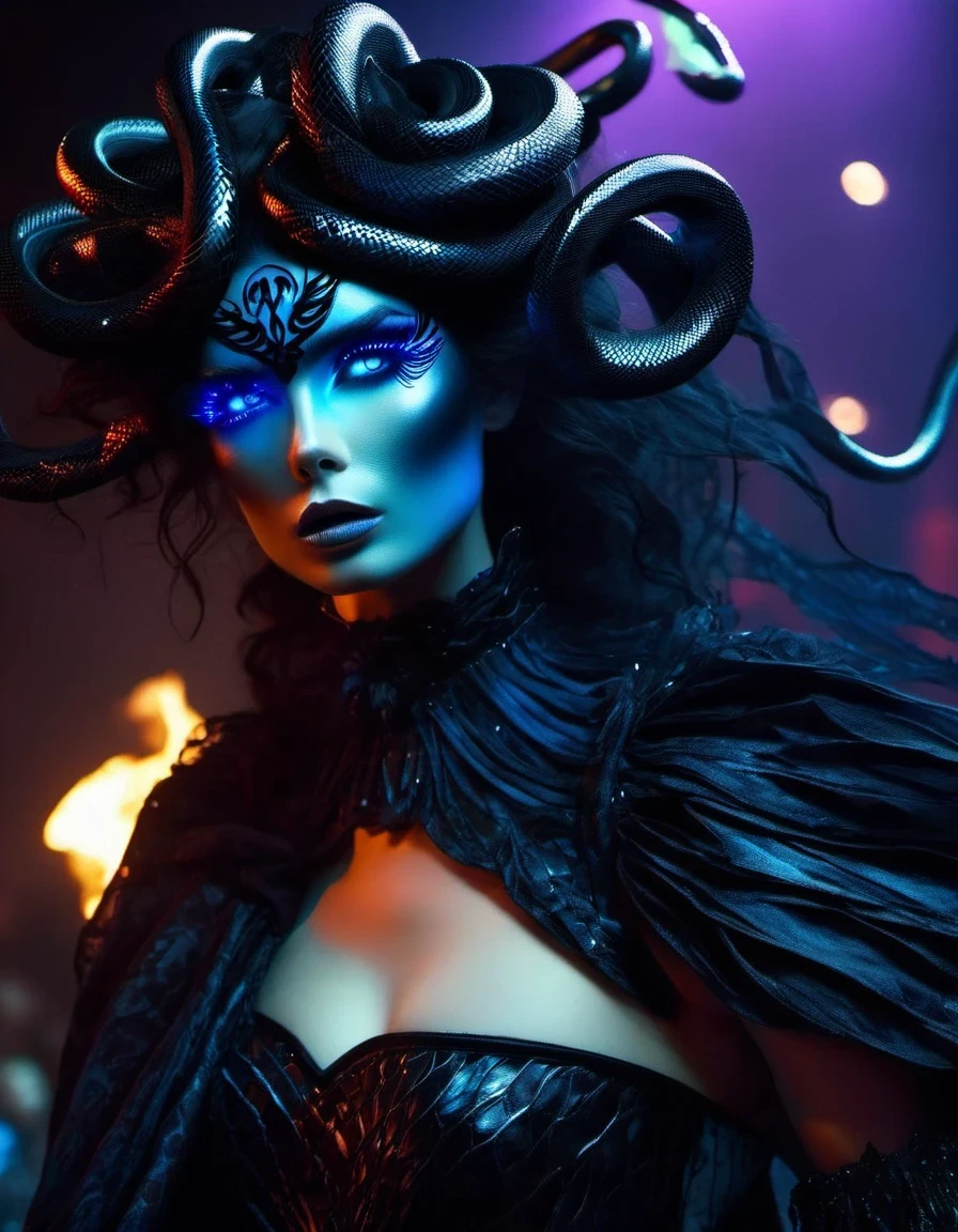 Gothic style red,Greek mythology Medusa wearing a very strange costume,(A lot of black smoke sticks out from the blow:0.65)(human head snake body),(Hair made of countless snakes),(snake scale skin),Black smoky makeup,There is red blood in the corner of the eye,Red snake tongue sticking out from open mouth,Blue seductive eyes,In the foreground is the blue laser aurora emitting beams,complex clothing design, dreamworks animated bjork, james cameron avatar style, fantasy movie, Cyberpunk Elf Queen, Emma Watson plays the Snow Queen, Warhammer Nagash Haute Couture, Thierry Muller, 《Coraline》"The Other Mother" in,darkness is always there,Beauty and warmth come from darkness,Gorgeous model,waste plastic,废electric wire、electric wire,dead branches,Decadence scent,Alexander Mcqueen is called the God of Goth, Mcqueen's’ designs always have a strong flavor of gothic asceticism,Religion and decadence give you a heavy visual blow,.gothic style,Savage growth,Born towards the sun!Makeup skips the flashy show,through the clothes in front of me,There are countless kinds of fashion that are hard to see through