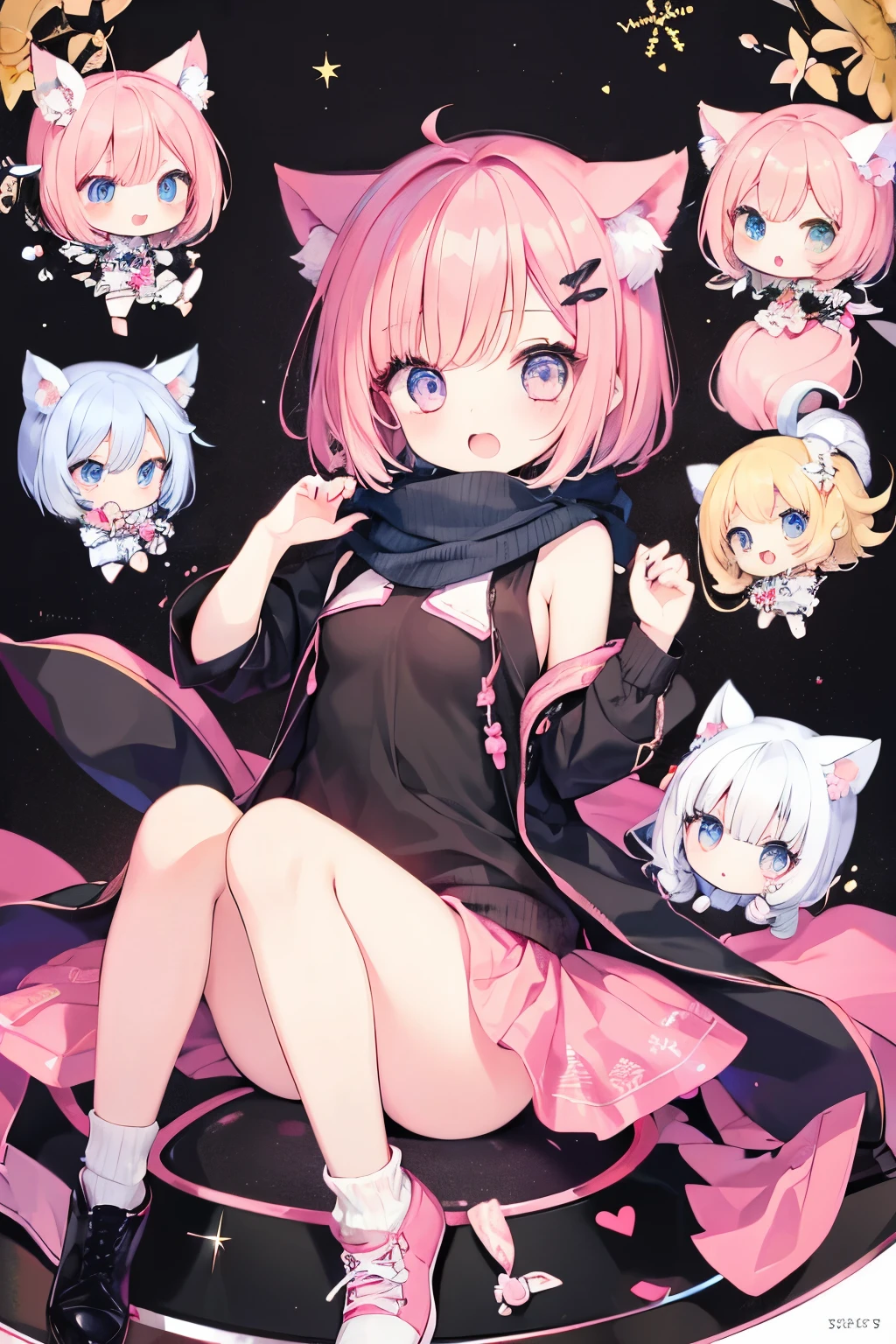 Very beautiful and shining eyes、shining eyes、((1 girl))、small breasts、big mouth、high school girl、small breasts、Cat ear、Transparent pink short hair、scarf、hot pants、transparent clothes、childish clothes、7 year old girl