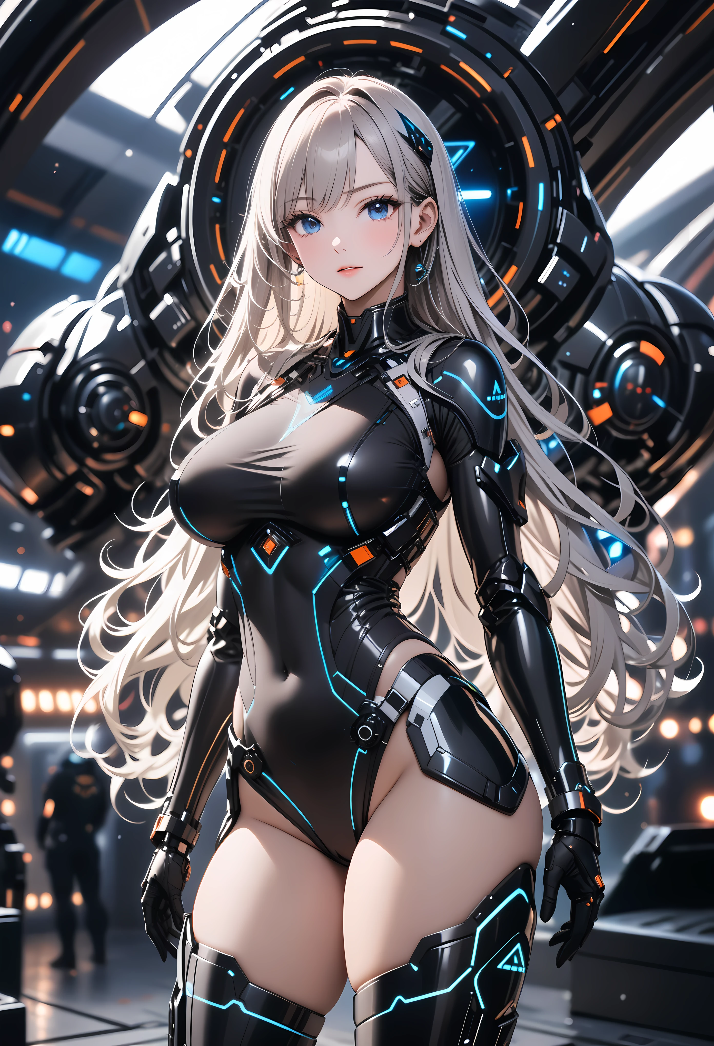 (masterpiece:1.2),(best quality:1.2),intricate details, , newest, ai-generated, dark theme, depth of field, bokeh, volumetric light, 1 soldier women, white long hair, futuristic space ship as background, wearing futuristic exoskeleton, futuristic instrumentation, embossing decoration on body, deep black trim on exoskeleton ,cowboy shot ,(sexy) , (large breasts, wide hips)