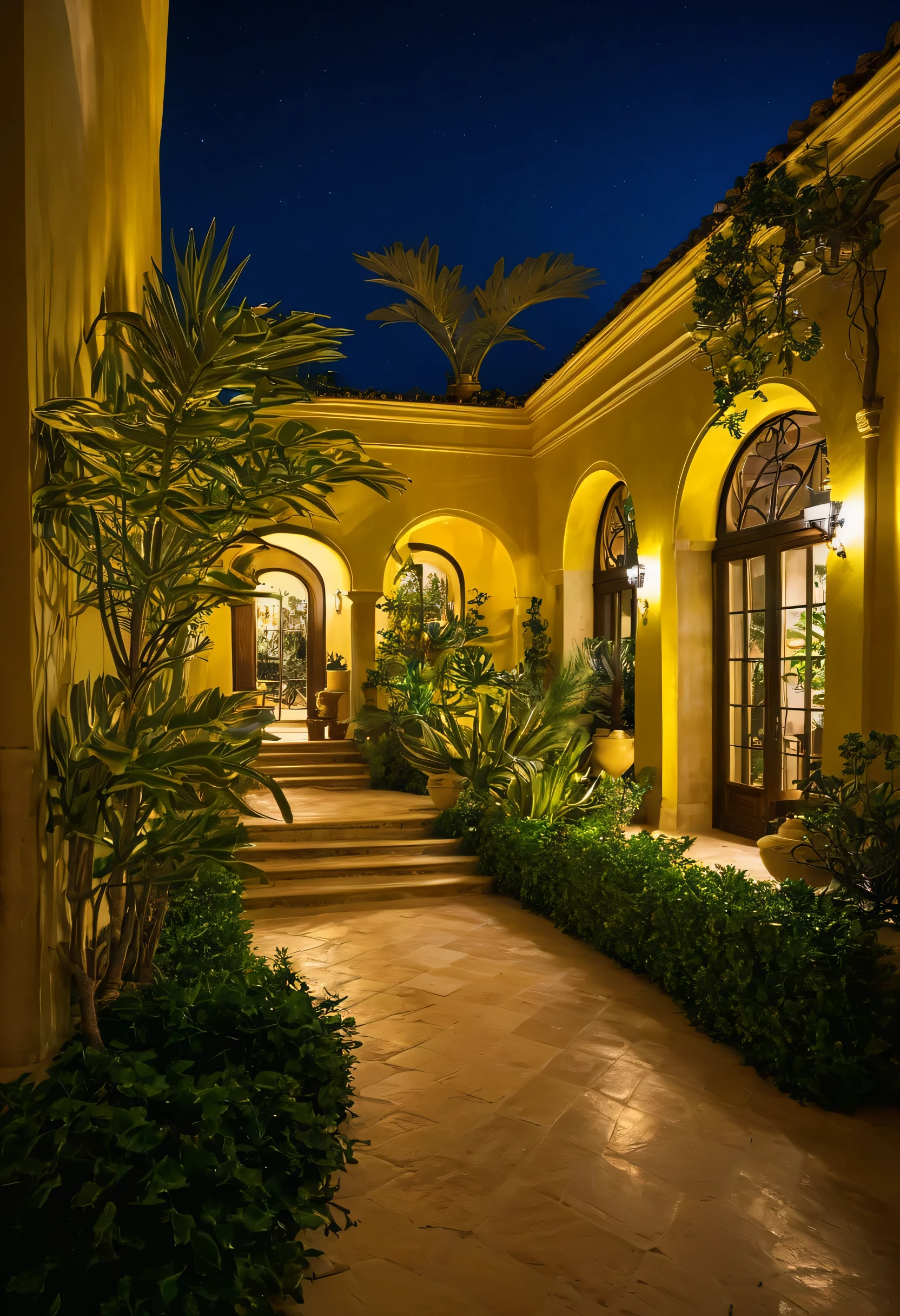 Mediterranean mansion interior, plants, dim yellow lighting, night
