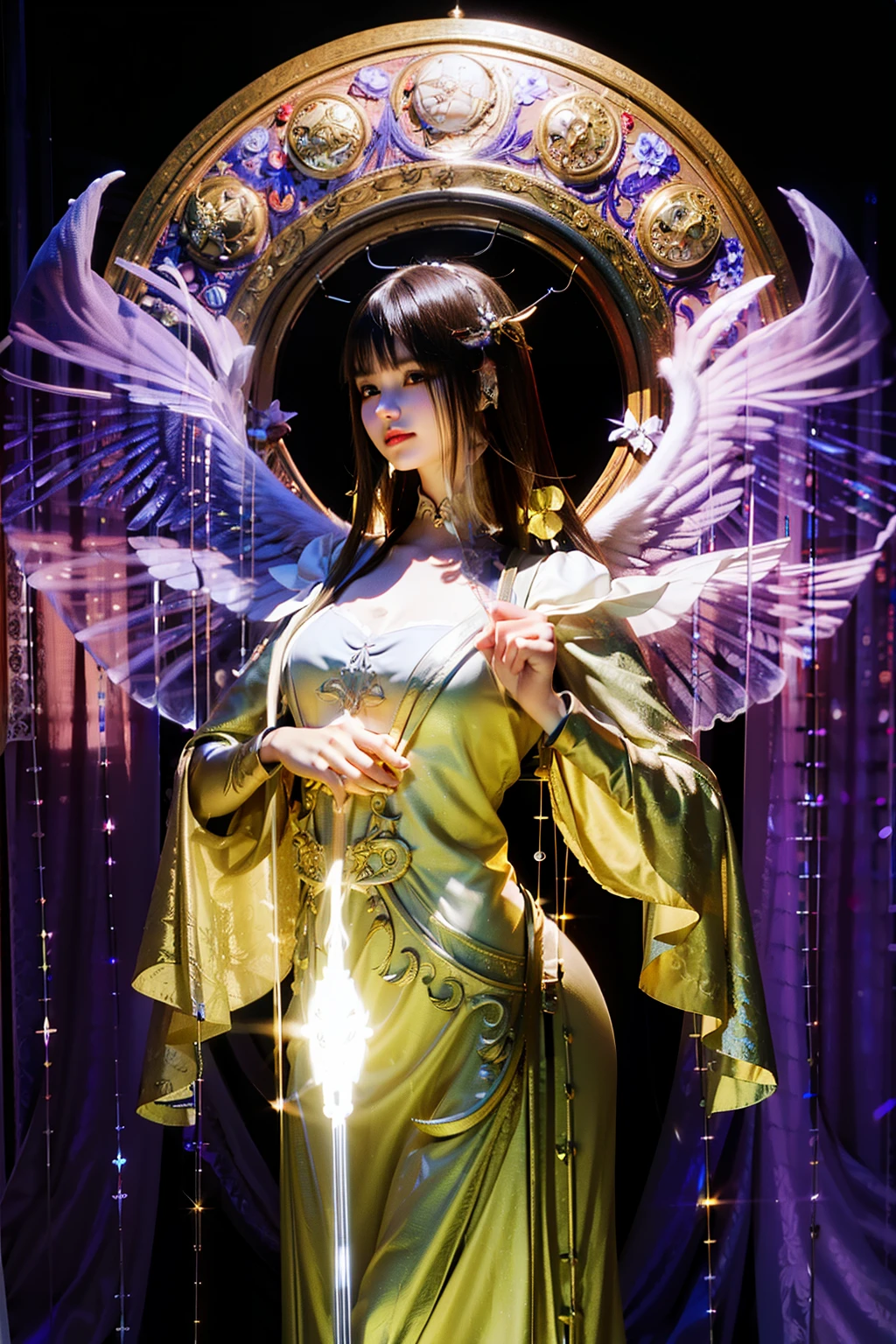 ((original photo)), ((masterpiece)), Anthropomorphic humanoid angel girl wearing the armor of a nun, intricate details, futobot, Complex Greebles Fragments, Haibei, wings, beauty, Detailed eyes and lips, Holding a bow and arrow,shooting status