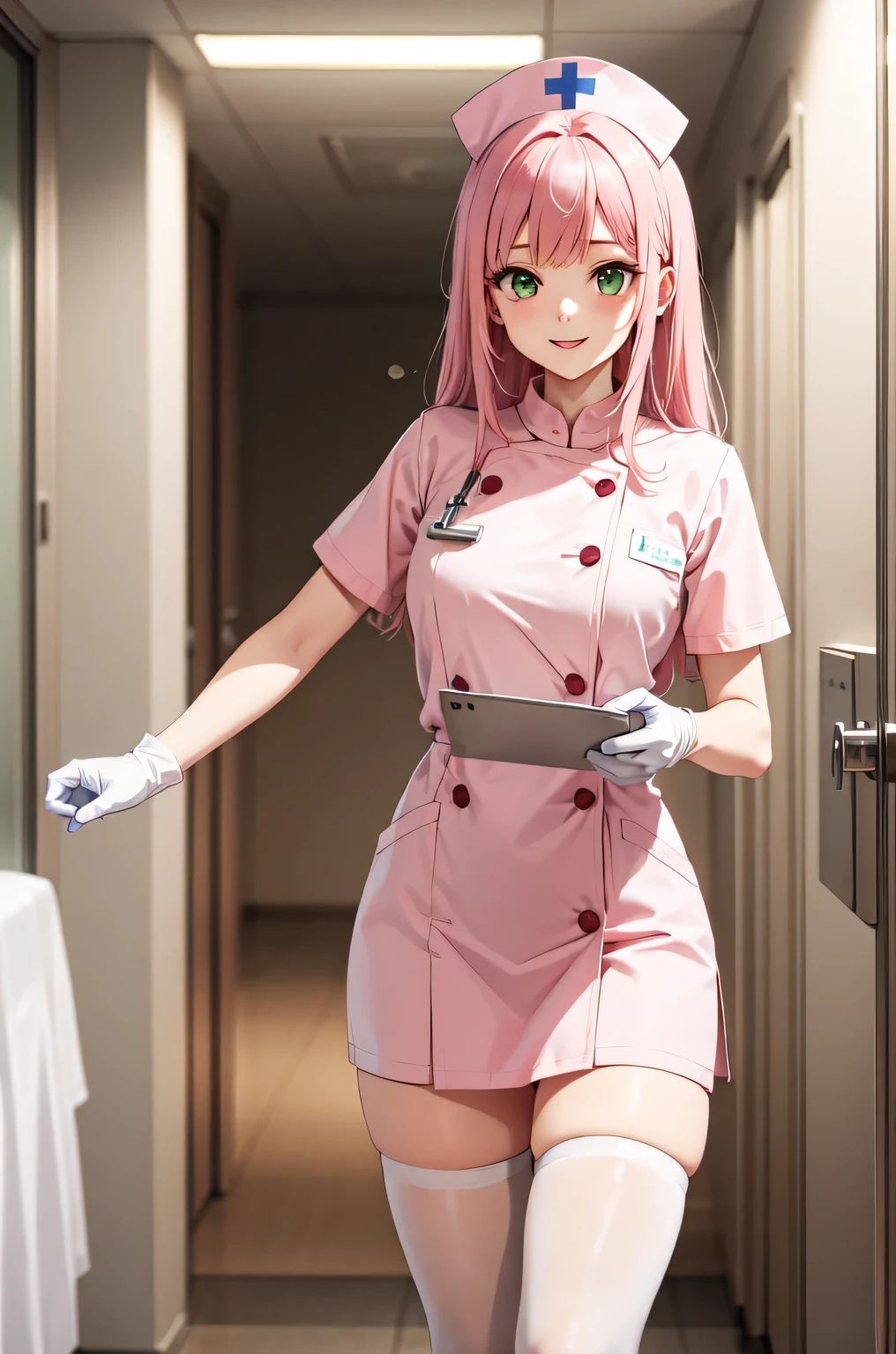 1woman, solo, nurse, white nurse cap, white nurse uniform, ((white legwear, zettai ryouiki)), white gloves, pink hair, green eyes, drooping eyes, pink lips, smile, standing, ((hospital room)), sharp outline, short sleeves, mature female, 32 years old, best quality, masterpiece