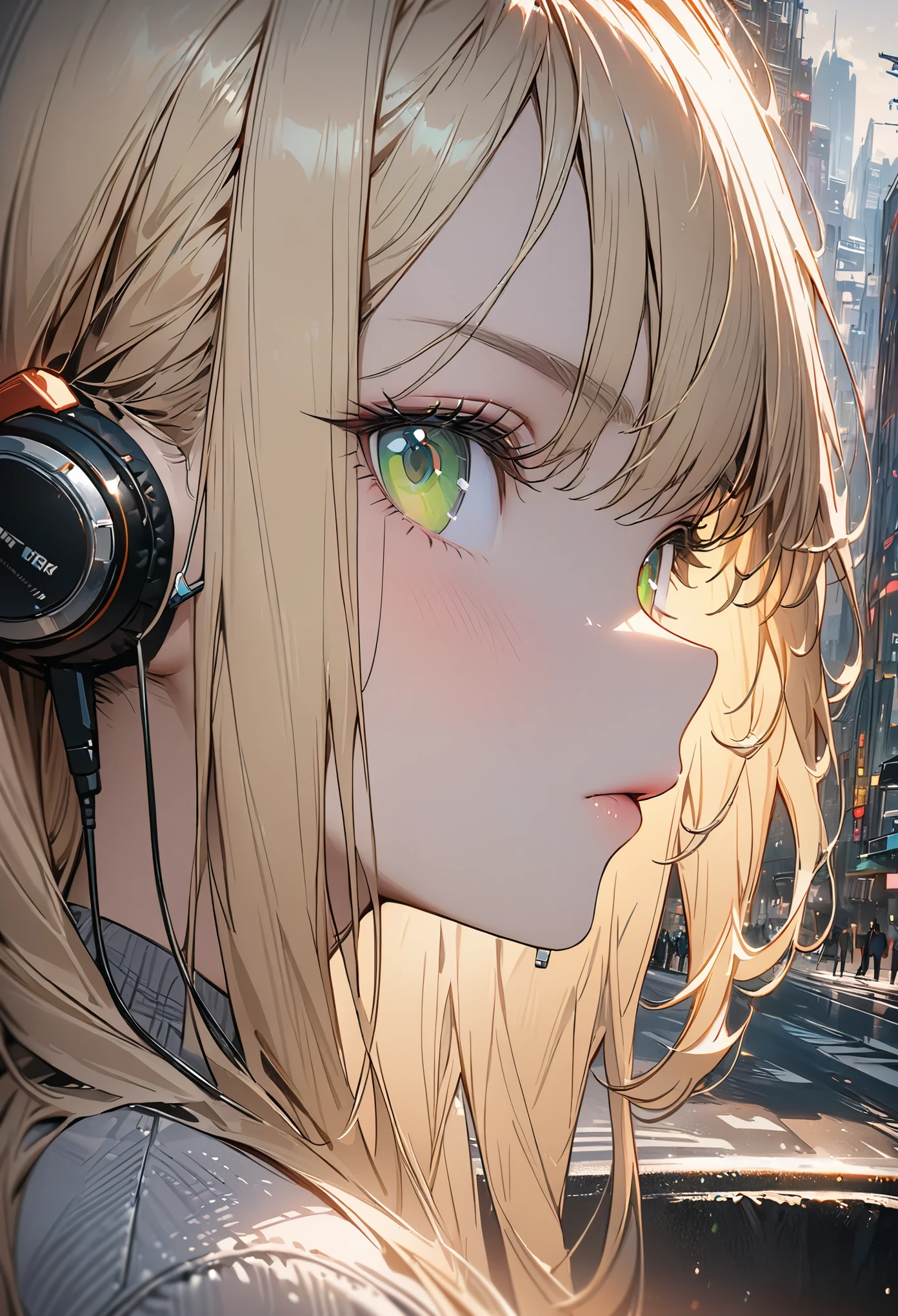 (masterpiece), (best quality, high resolution, Very detailed, illustration), 1 girl, alone, City, contemporary, Profile picture close-up, Blonde beige long hair, green eyes, Beautiful and delicate eyes, Squat, earphone, 8K, Popular topics on ArtStation, Recommended on pixiv