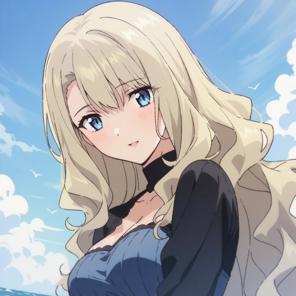 (mireille bouquet:1.1),1 beauty,adult female,blonde hair,long straight hair,Wavy hair only in the lower half,gradation blue eyes,(masterpiece:1.1、High resolution:1.2)