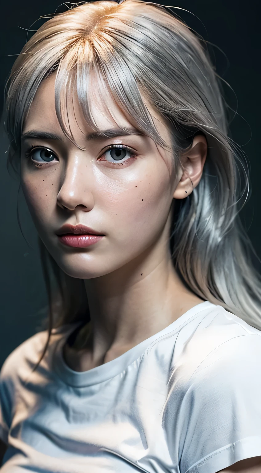 (photo realistic:1.4), (hyper realistic:1.4), (realistic:1.3), (smoother lighting:1.05), (increase cinematic lighting quality:0.9), 32K, 1girl, 19 year old girl, 172 cm tall, chest size 34D, ((long silver hair )), realistic lighting, backlighting, light on face, ray trace, (brightening light:1.2), (Increase quality:1.4), (best quality real texture skin:1.4), finely detailed eyes, finely detailed face, finely quality (gray eyes), (tired and sleepy and satisfied:1.0), ((mean face)), face closeup, t-shirts, (Increase body line mood:1.1), (Increase skin texture beauty:1.1)