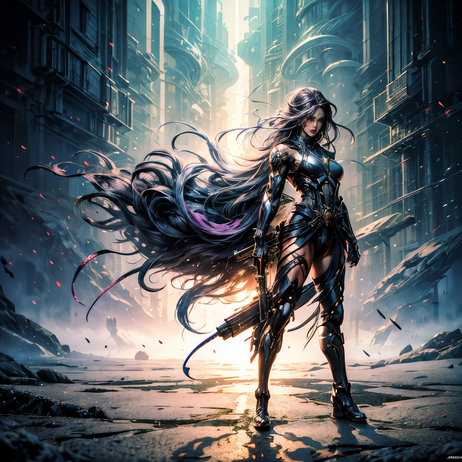 Look、aim the gun、god rays, UHD, masterpiece, ccurate, anatomically correct, cyborg、super detail, award winning, best quality, high details, high quality、（trimming gear１：３）、scope、tattoo、fece tatto,longeyelashes, fang, dreadlocks, facepaint, Surrealism, Art Nouveau、drop shadow, anaglyph, stereogram, tachi-e, pov, atmospheric perspective, film grain, drop shadow, motion blur, 8k, super detail, ccurate, best quality, 16k, high details, ccurate, super detail