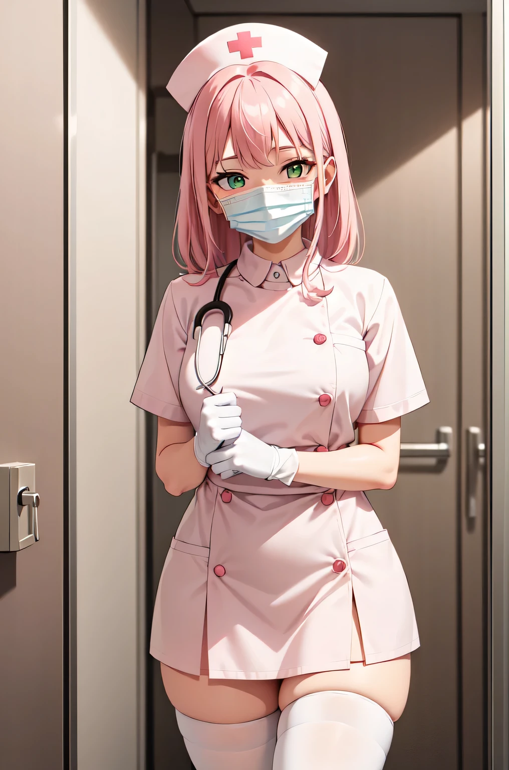 1woman, solo, nurse, white nurse cap, white nurse uniform, ((white legwear, zettai ryouiki)), white gloves, pink hair, green eyes, drooping eyes, ((white surgical mask, covered nose)), standing, ((hospital room)), sharp outline, short sleeves, mature female, 32 years old, best quality, masterpiece