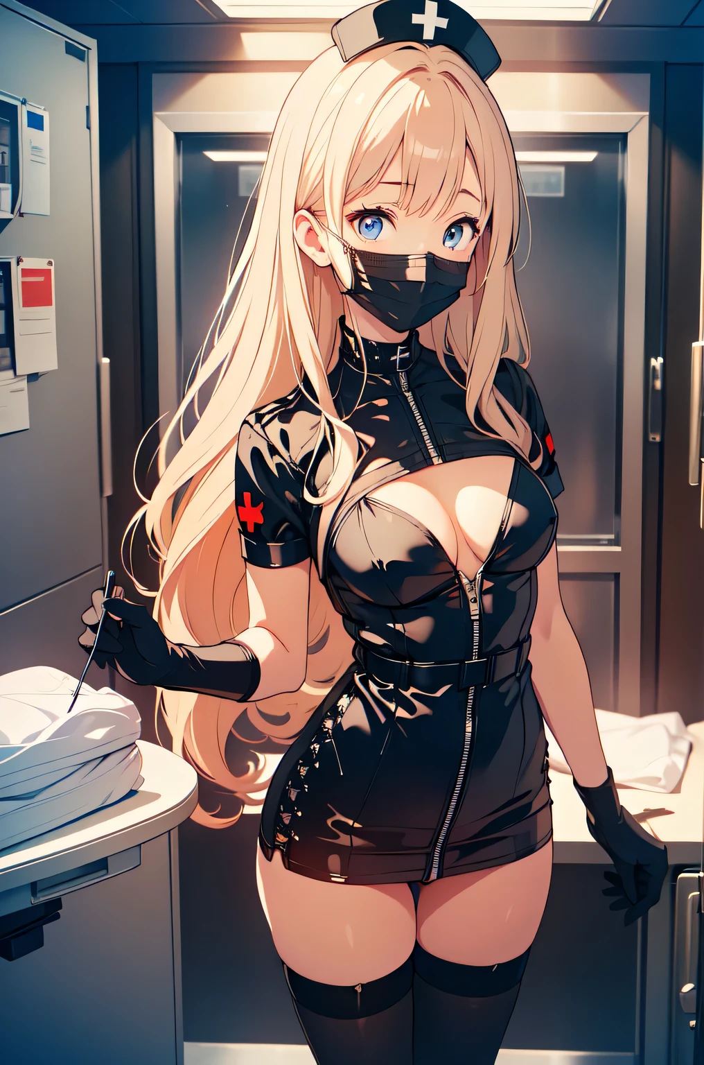 black nurse, 1woman, solo, black nurse cap, black nurse uniform, ((black legwear, zettai ryouiki)), black elbow gloves, blonde hair, blue eyes, ((black surgical mask, covered nose)), standing, ((surgery room)), sharp outline, short sleeves, mature female, 35 years old, best quality, masterpiece