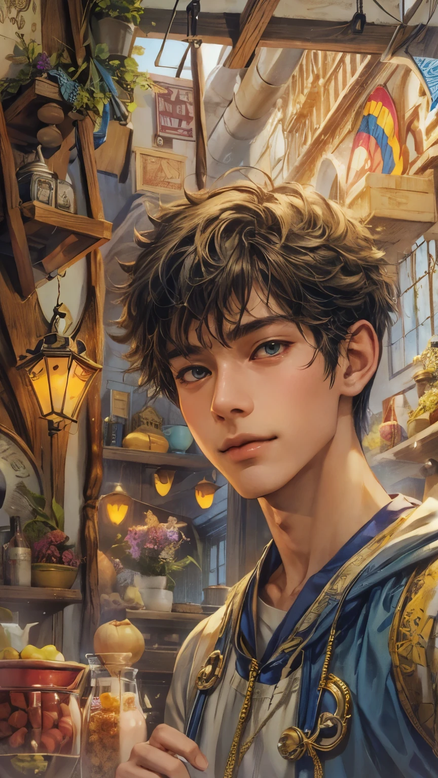 (absurdres, highres, ultra detailed, HDR), masterpiece, intricate details, best quality close-up picture of young Filipino boy with a perfect face, smirks, a boy with handsome looks, cool casual outfit, short hair, anime eyes, matured teen, fantastic outfit showing chest, crop top, detailed Philippines interiors, window market scenery, detailed character, art kenouji