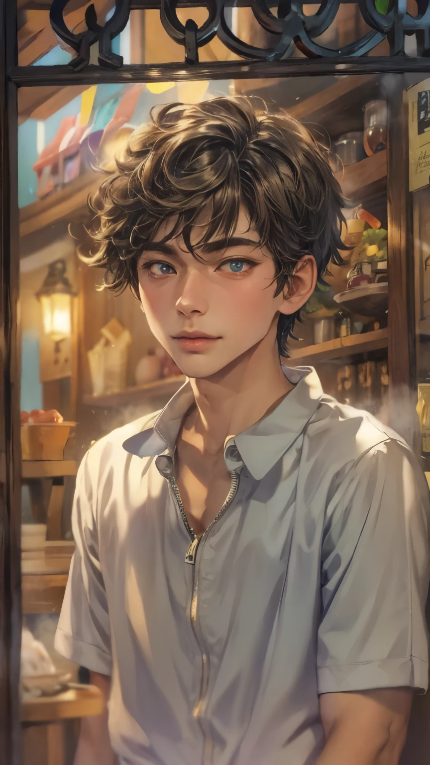 (absurdres, highres, ultra detailed, HDR), masterpiece, intricate details, best quality close-up picture of young Filipino boy with a perfect face, smirks, a boy with handsome looks, cool casual outfit, short hair, anime eyes, matured teen, fantastic outfit showing chest, crop top, detailed Philippines interiors, window market scenery, detailed character, art kenouji