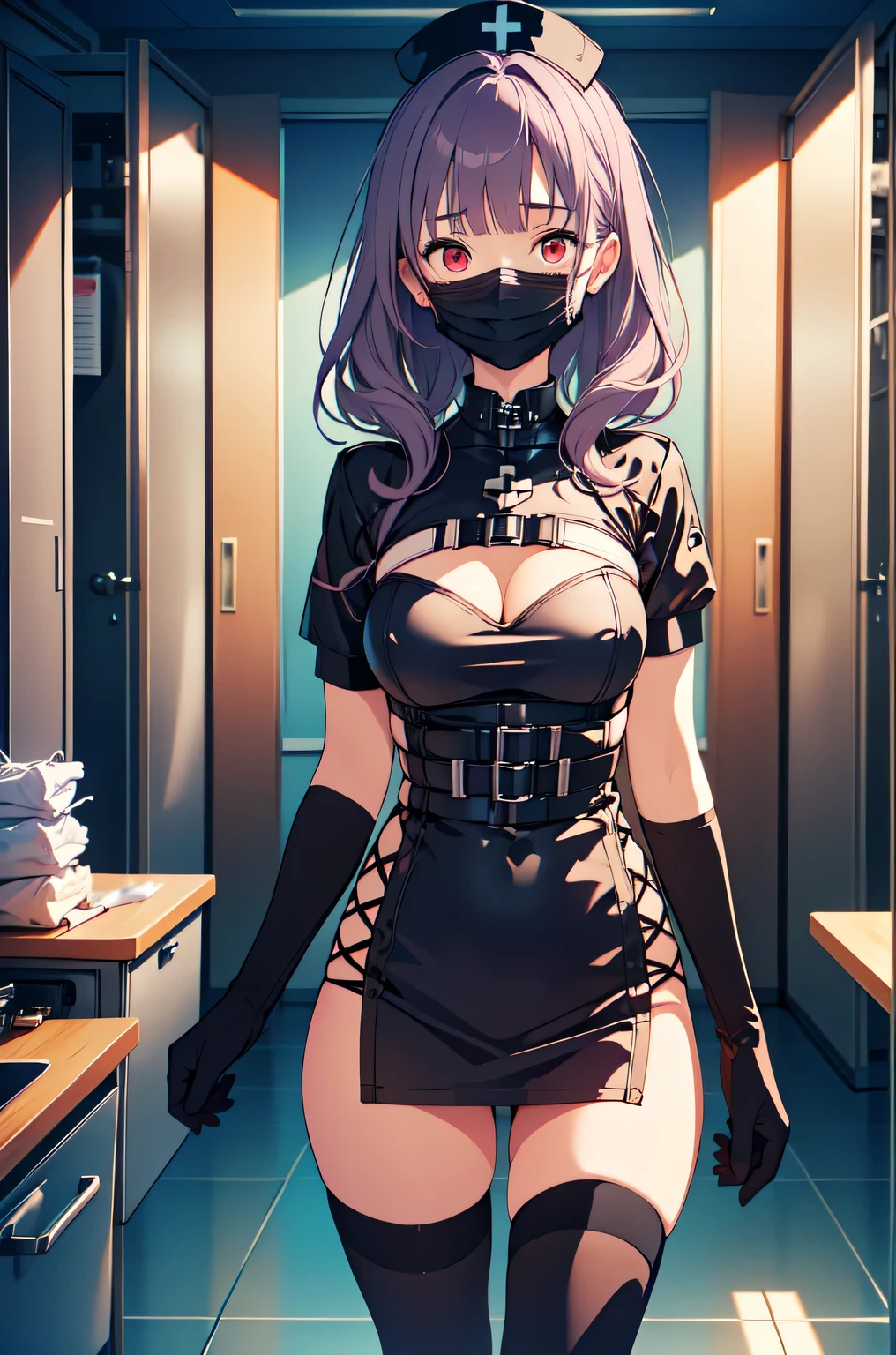 black nurse, 1woman, solo, black nurse cap, black nurse uniform, ((black legwear, zettai ryouiki)), black elbow gloves, long hair, purple hair, red eyes, ((black surgical mask, covered nose)), standing, ((surgery room)), sharp outline, short sleeves, mature female, 35 years old, best quality, masterpiece