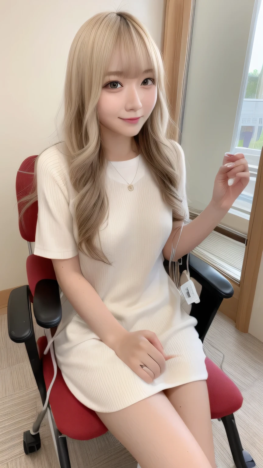 4k、Raw photo、photorealistic stick、High resolution、Japanese cute 25 year old woman , face like an idol、sunburned skin、sunburn、Light blonde wavy medium hair、With bangs、 cute real photo girl、、Facility Manager、sitting in a chair in a nursing home office、look at the camera
