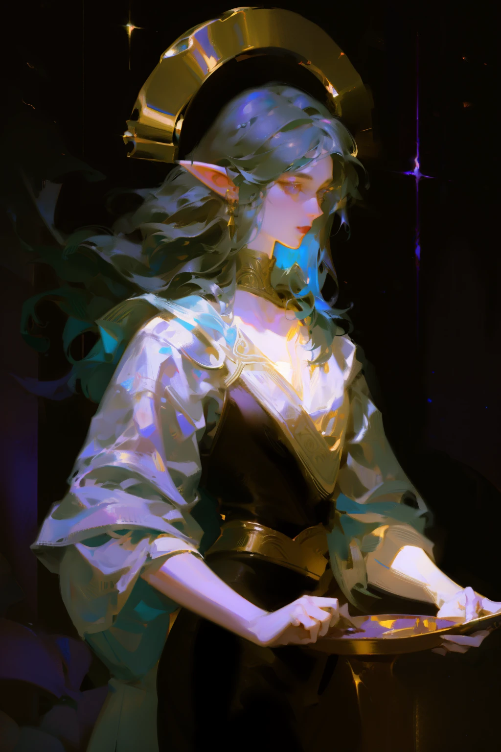 best quality,masterpiece,masterpiece portrait,intricate details,epic light,fantasy,Dungeons & Dragons,Retro,priest,dark elf,1girl,Wooden table,tavern,gray skin,An elegant smile,Squint,Close-up Portrait of a Mycenaean female Drow Person wearing golden jewelry, Spiders:0.9, webs:1.0, Fantasy, Volumetric lighting, concept art, brush stroke style, artstation, trending, highly detailed, art by greg rutkowski