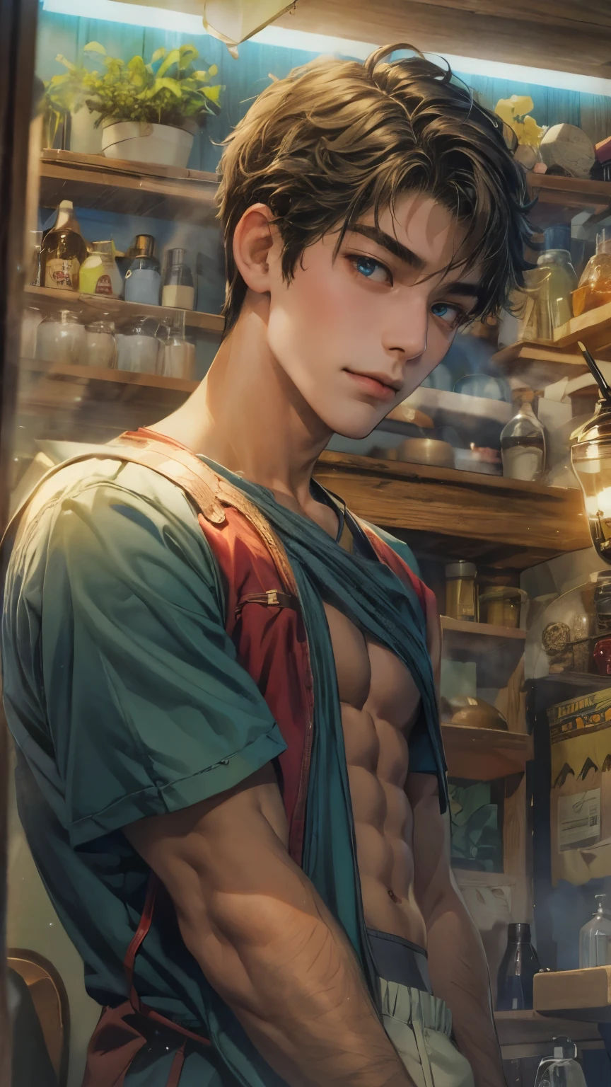 (absurdres, highres, ultra detailed, HDR), masterpiece, intricate details, best quality close-up picture of young Filipino boy with a perfect face, smirks, a boy with handsome looks, cool casual outfit, short hair, anime eyes, matured teen, fantastic outfit showing chest, crop top, detailed Philippines interiors, window market scenery, detailed character, art kenouji
