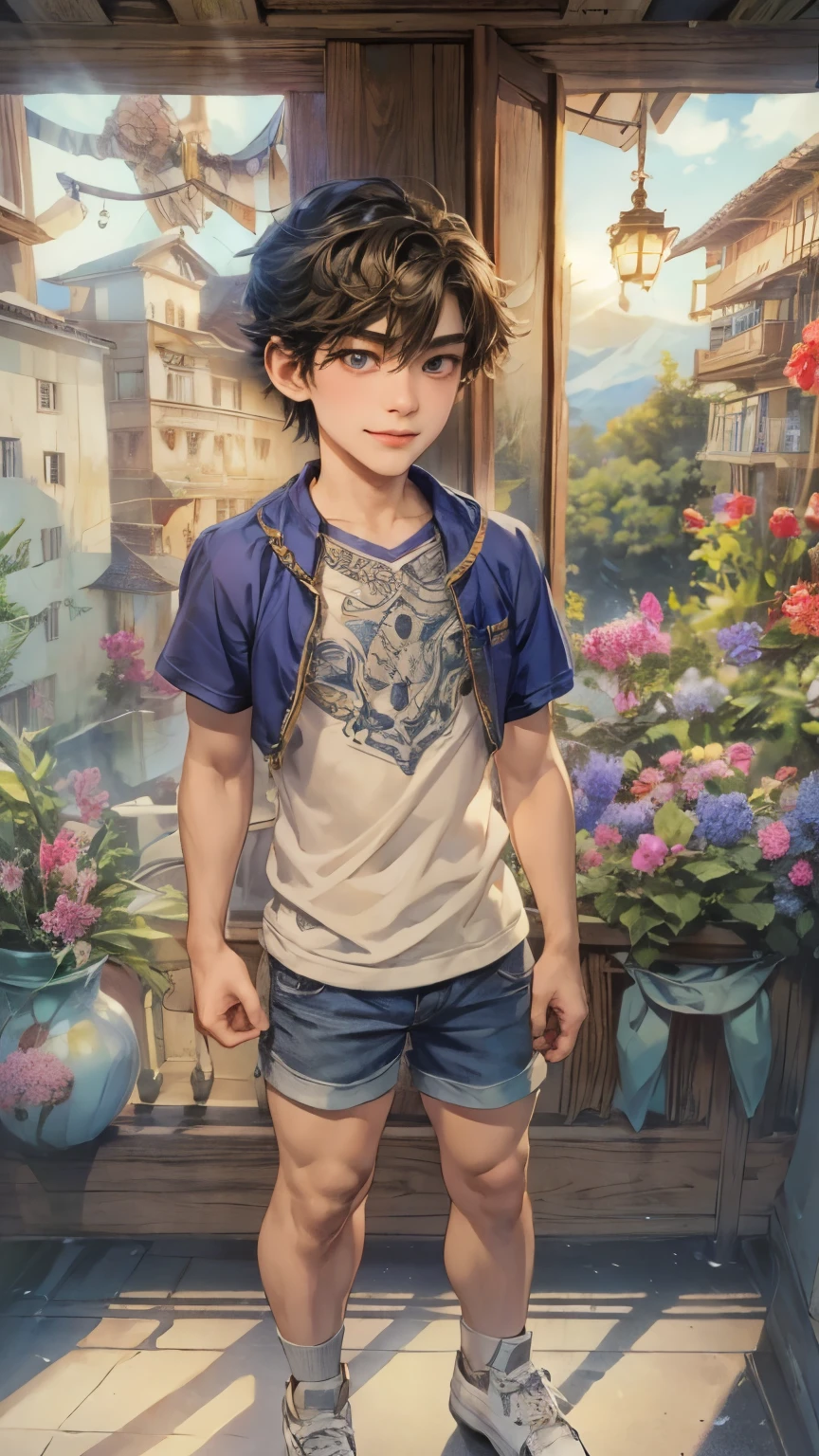 (absurdres, highres, ultra detailed, HDR), masterpiece, intricate details, best quality close-up picture of young Filipino boy with a perfect face, smirks, a boy with handsome looks, cool casual outfit, short hair, anime eyes, matured teen, fantastic outfit showing chest, crop top, detailed Philippines interiors, window market scenery, detailed character, art kenouji