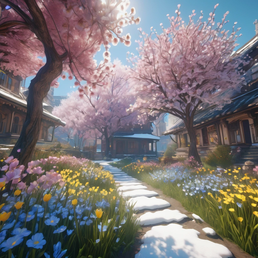 Spring Morning, aesthetic, snow melting away as spring beings with new flowers blooming, 3D Game Cinematic Feel, Epic 3D Videogame Graphics, Intricately Detailed, 8K Resolution, Dynamic Lighting, Unreal Engine 5, CryEngine, Trending on ArtStation, HDR, 3D Masterpiece, Unity Render, Perfect Composition