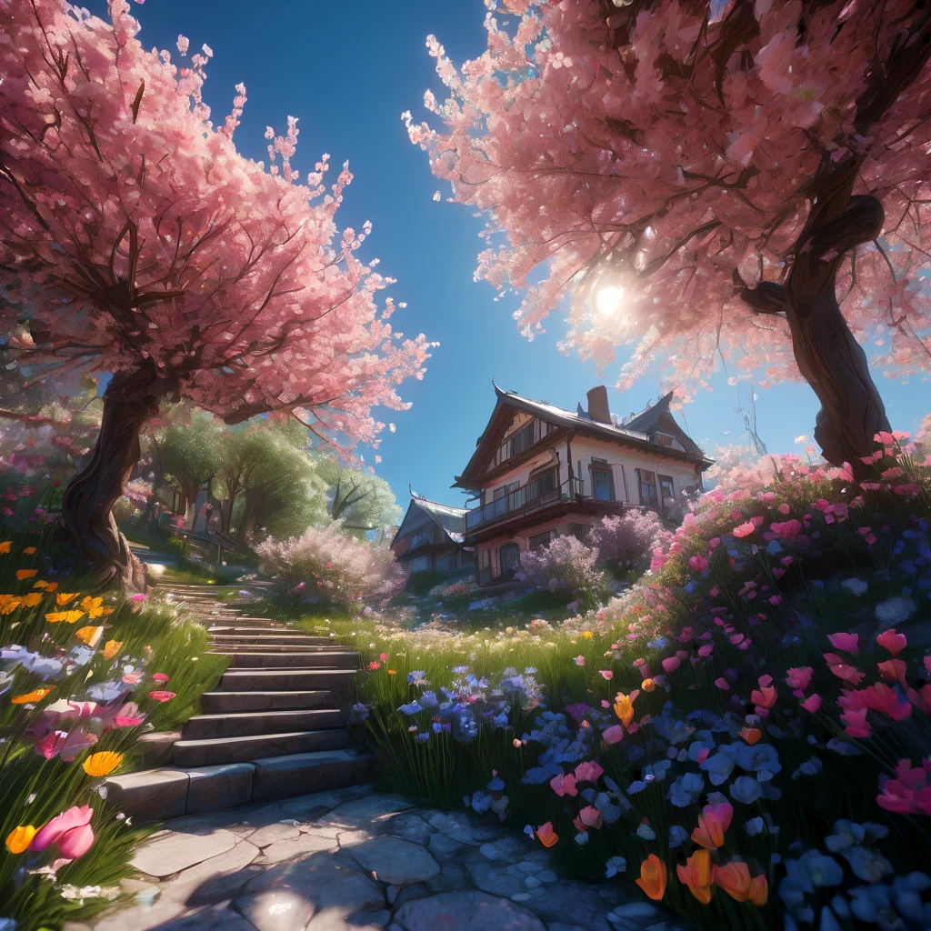 Spring Morning, aesthetic, snow melting away as spring beings with new flowers blooming, 3D Game Cinematic Feel, Epic 3D Videogame Graphics, Intricately Detailed, 8K Resolution, Dynamic Lighting, Unreal Engine 5, CryEngine, Trending on ArtStation, HDR, 3D Masterpiece, Unity Render, Perfect Composition