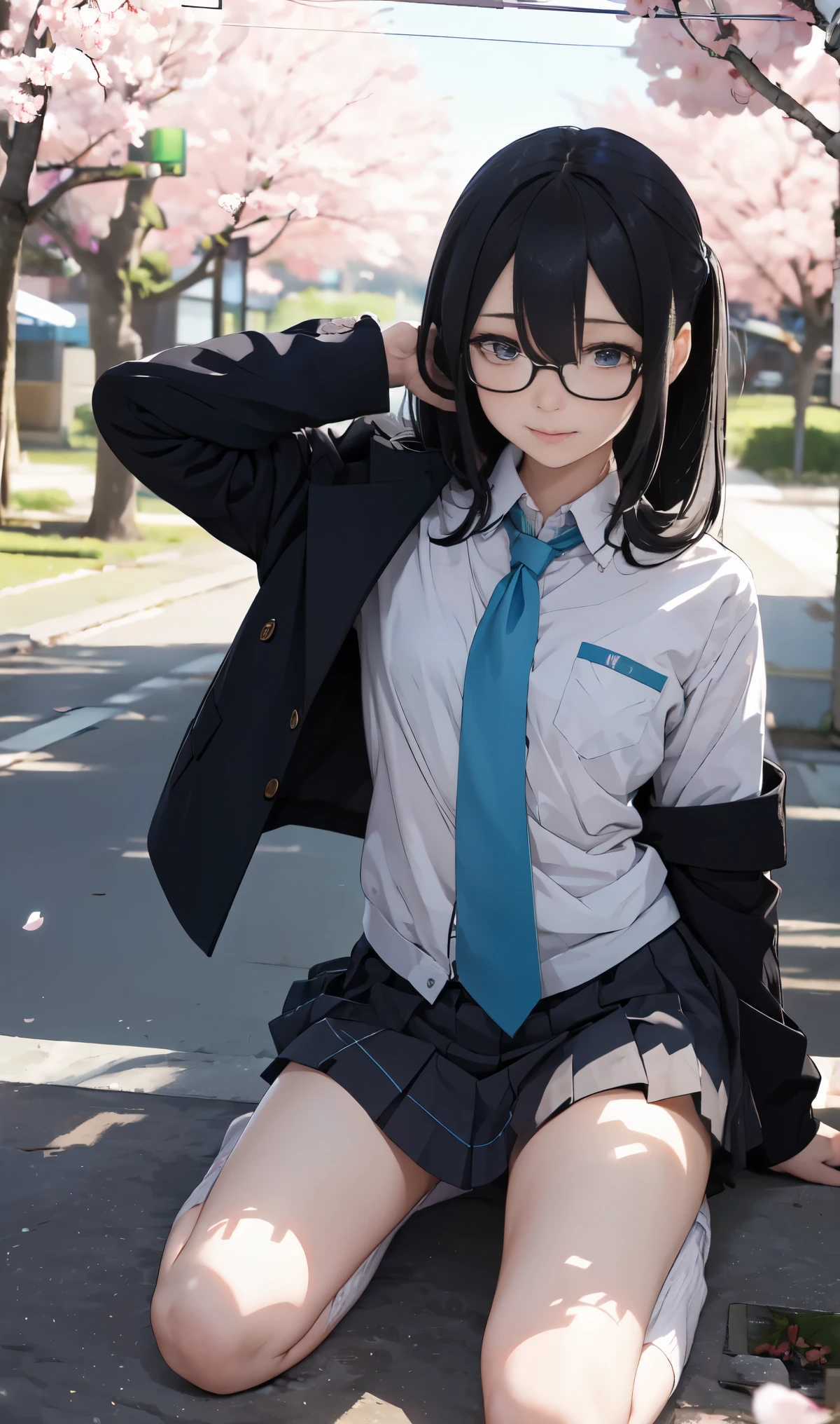 nsfw, Detailed Background, (((独奏))), ((Excellent anatomy: 1.2)), (One beautiful 35 year old woman:1.5), (Black Hair, Shortcuts, blunt bangs), Big Tits, (Blue Eyes), (Beautiful Eyes), (White long sleeve blouse), (green short tie:1.3), (black pencil mini skirt:1.3), (Silver-rimmed glasses:1.2), (Watch on right wrist), (Black stiletto heels), Expressionless, Earrings, Sitting on a bench in front of the station, spread legs, arms up, (panties visible:1.3), (Black Panties)