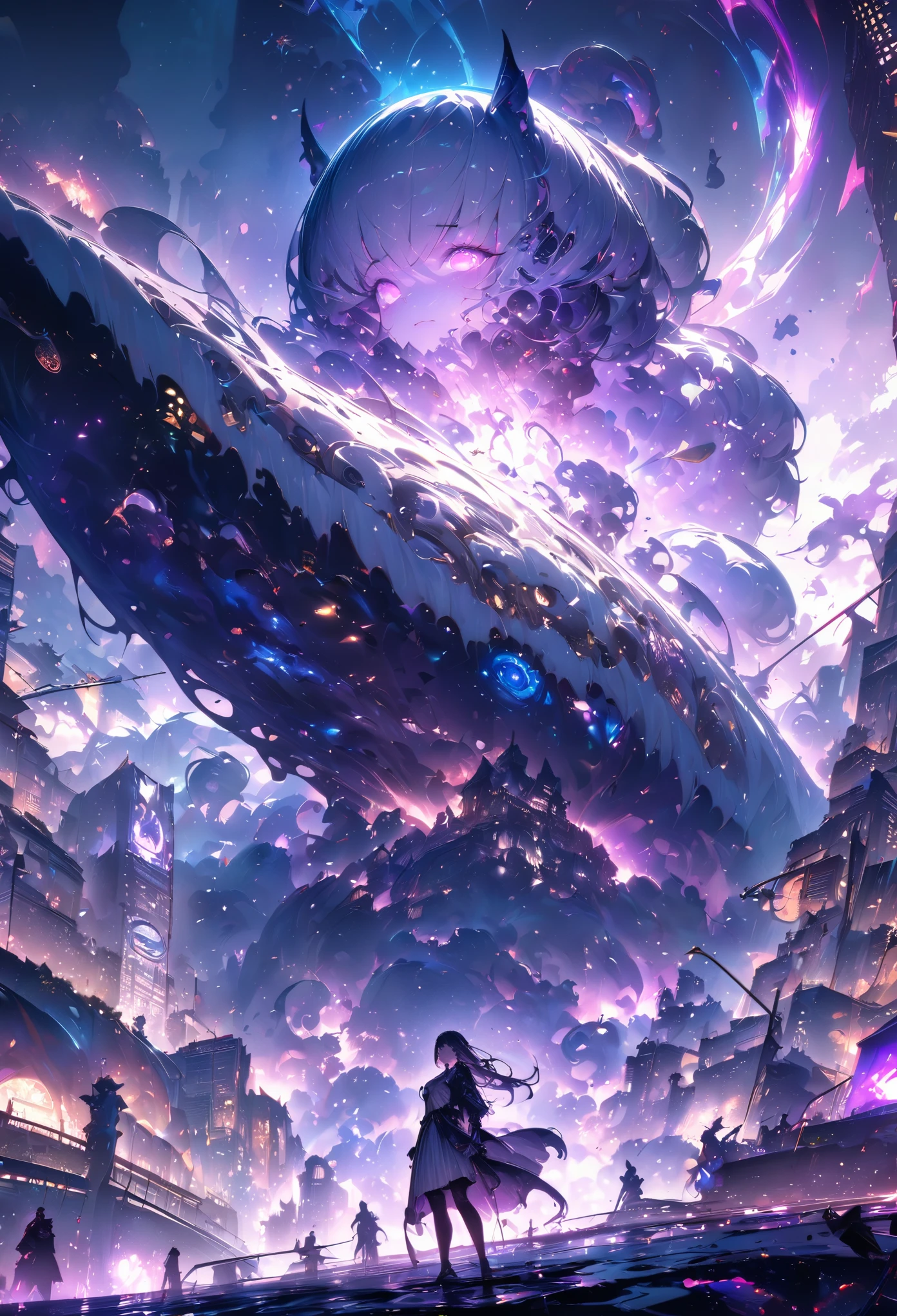 City night view (bustling city at night in the background) (great works: 1.3), (best quality: 1.1) (masterpieces: 1.3) with unparalleled masterpieces, surreal 8K, perfect artwork, super details, best quality, masterpieces 4K wallpaper aesthetics, masterpieces, award-winning artwork, official art, cinematic lighting