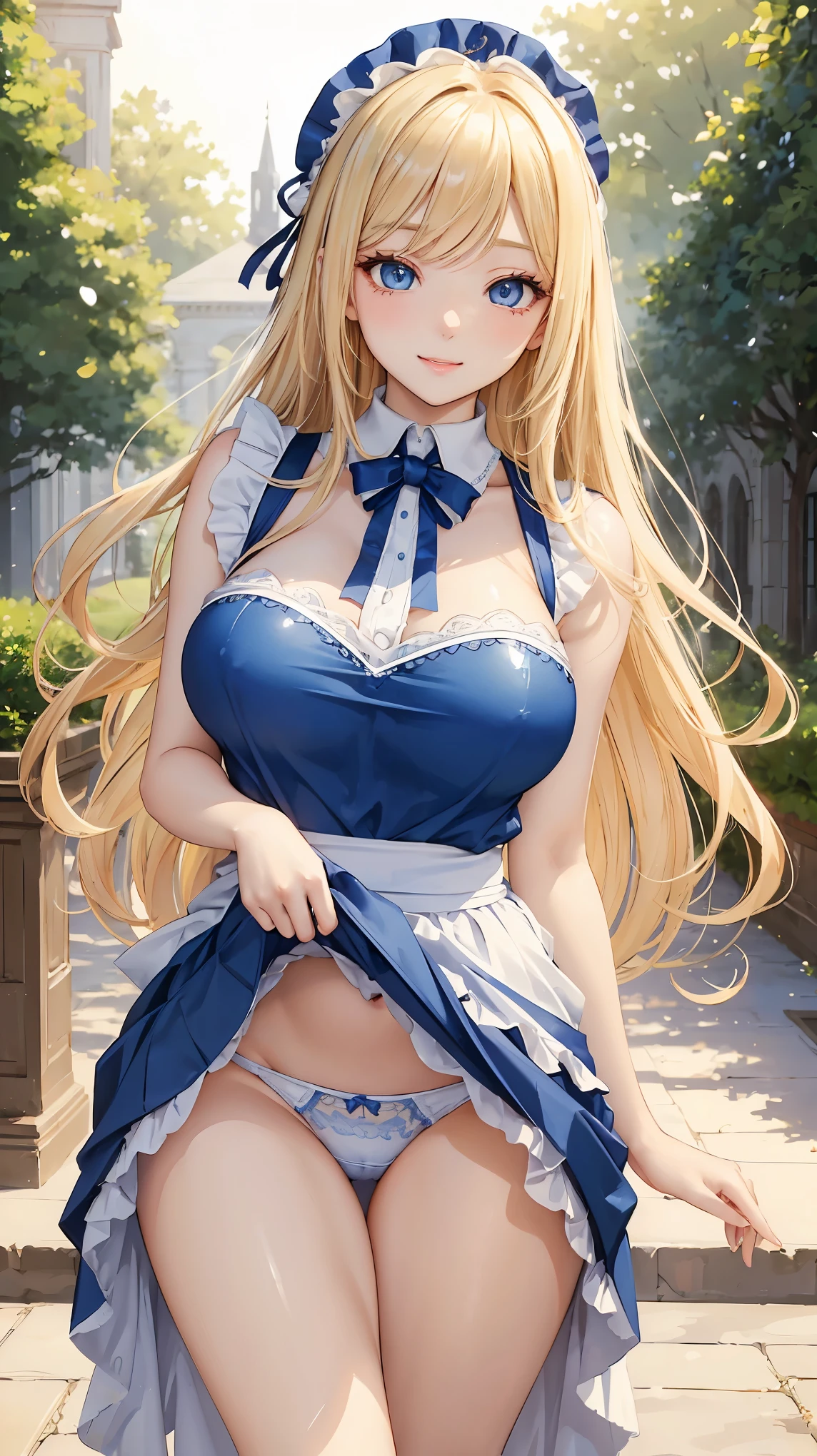 (masterpiece:1.2), (highest quality:1.2),, Curvy but slender body, perfect eyes, perfect face, perfect lighting, 1 girl, long hair, curly hair, fine clothes, detailed outdoor background, compensate, eye shadow, thick eyelashes, fantasy, maid、whole body,alice in wonderland、blue sky、Bright and beautiful face、young shiny glossy white shiny skin、the best beauty、the most beautiful bright blonde hair in the world、thin hair、super long straight hair、Shining beautiful bangs、Shining crystal clear big blue eyes、Very beautiful lovely most beautiful girl in the world、big and full breasts、smile shyly、a sexually excited look、((she shows panties、lift the skirt、I'm seducing you))