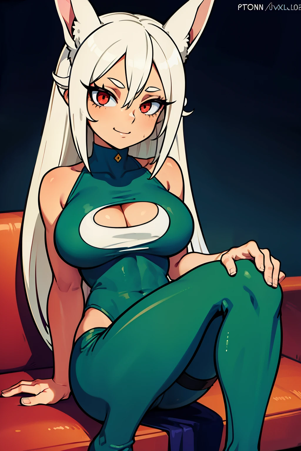 Cute girls,ojos rojos redondos, cabello blanco、orejas de conejo,sexy、sonriendo,Peinado liso medio a largo、(Bigboobs,lleva un sujetador verde,lleva unos leggins verdes,En una casa de alquiler,sitting on the couch,Noche,estaba lloviendo afuera,Upper body is wet.,cuerpo entero,lleva unos leggins verdes,green leggins
