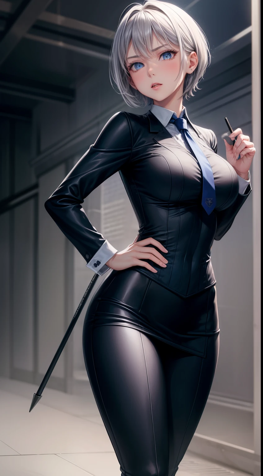 masterpiece, highest quality, high resolution, 1 girl, gray hair, short hair, blue eyes, medium breasts, OL, tie, black suit, pencil skirt, put your hands on your hips, outdoor,Idol Master,,anastasia,Knee-high boots,pants suit,fighting pose