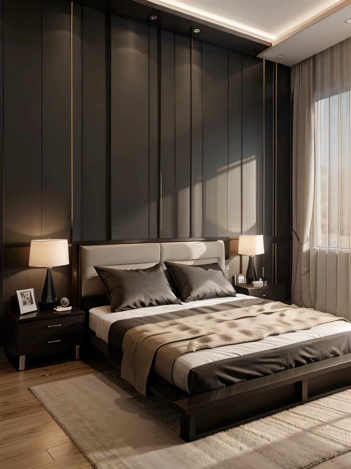 arafed bedroom with a bed and a nightstand with two lamps, bed room, bedroom interior, serene bedroom setting, dark bedroom, luxury hd render, high quality rendering, dim bedroom, modern style, dimly lit bedroom, luxury furniture, black vertical slatted timber, modern look, inside of a bedroom, render in vray, high quality 3 d render