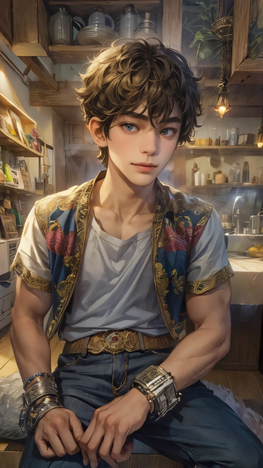 (absurdres, highres, ultra detailed, HDR), masterpiece, intricate details, best quality close-up picture of young Filipino boy with a perfect face, smirks, a boy with handsome looks, cool casual outfit, short hair, anime eyes, matured teen, fantastic outfit showing chest, crop top, detailed Philippines interiors, window market scenery, detailed character, art kenouji