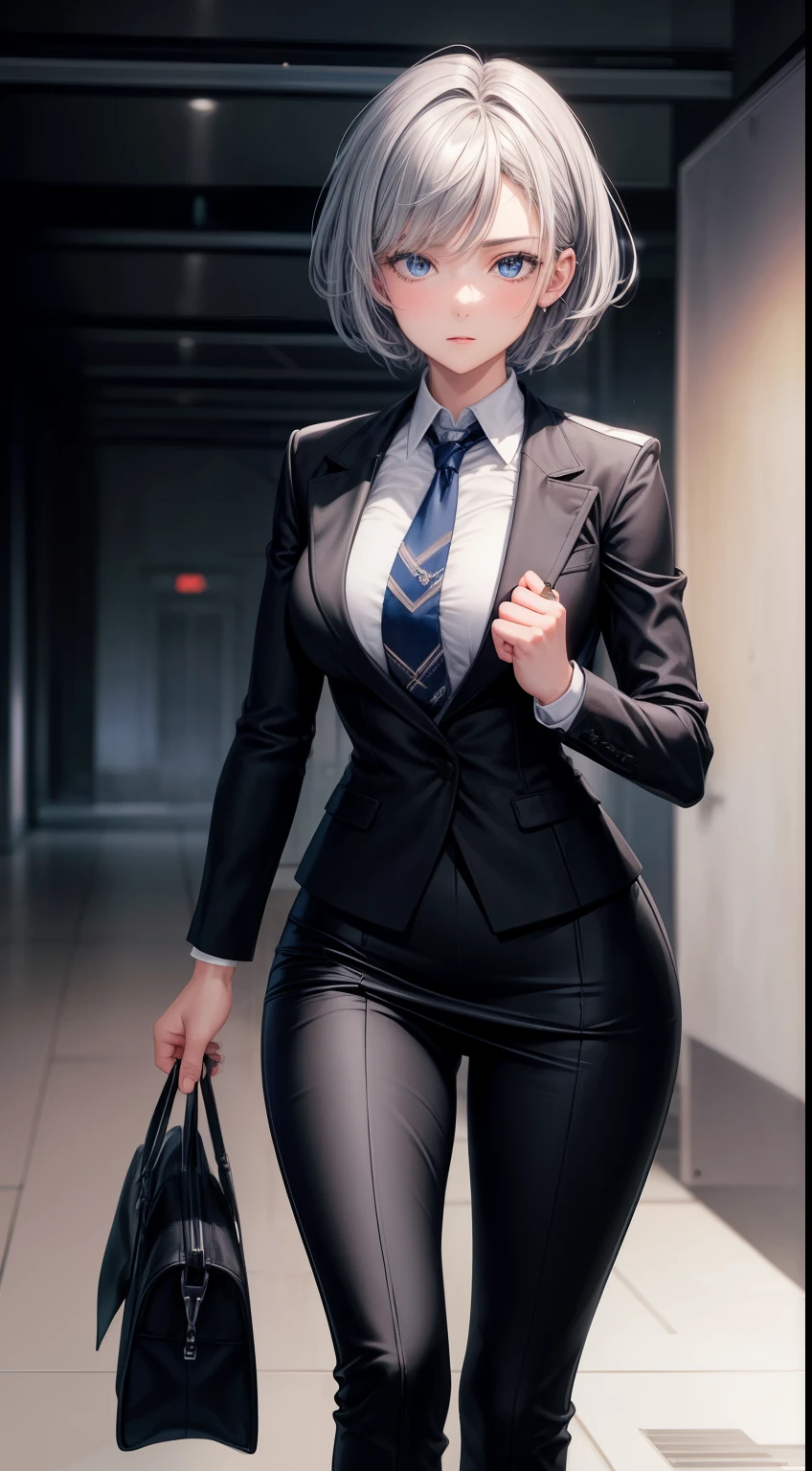 masterpiece, highest quality, high resolution, 1 girl, gray hair, short hair, blue eyes, medium breasts, OL, tie, black suit, pencil skirt, put your hands on your hips, outdoor,Idol Master，，anastasia，Knee-high boots，pants suit,fighting pose