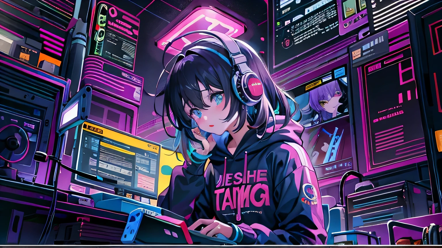 masterpiece, one girl, incredibly absurd, alone, hoodie, headphones, night,neon