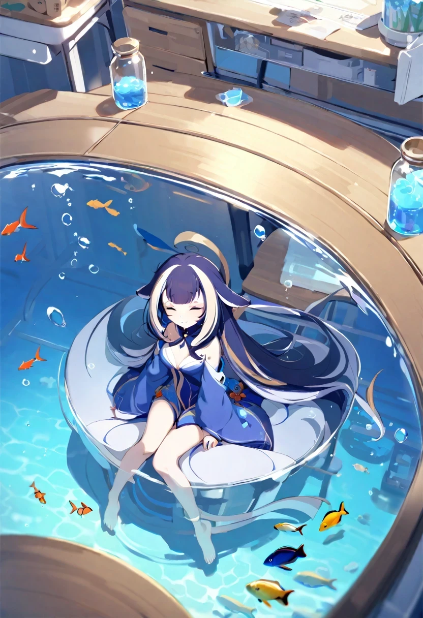 (((shylily))),jars, one-girl, solo small, A piece of, longer sleeves, sitted, Barefoot, Indoors, Bareleged, desks, Knees, desk work, (The fish, airbubble, under the water, airbubble),