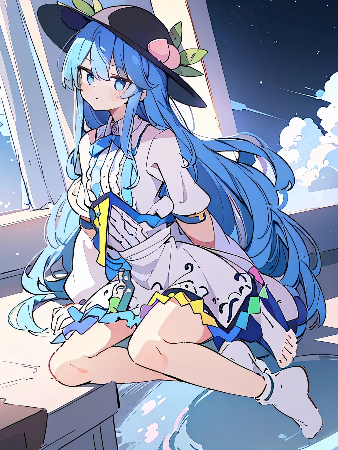 (masterpiece),best quality, expressive eyes, perfect face, 1girl,
 hands on waist,beautiful, gorgeous,anime,girl,lora,hinanawi tenshi, blue hair, blue haired, floating clothes,waist grab, grabbing waist, mains sur les hanches , hands on hips,flat chest