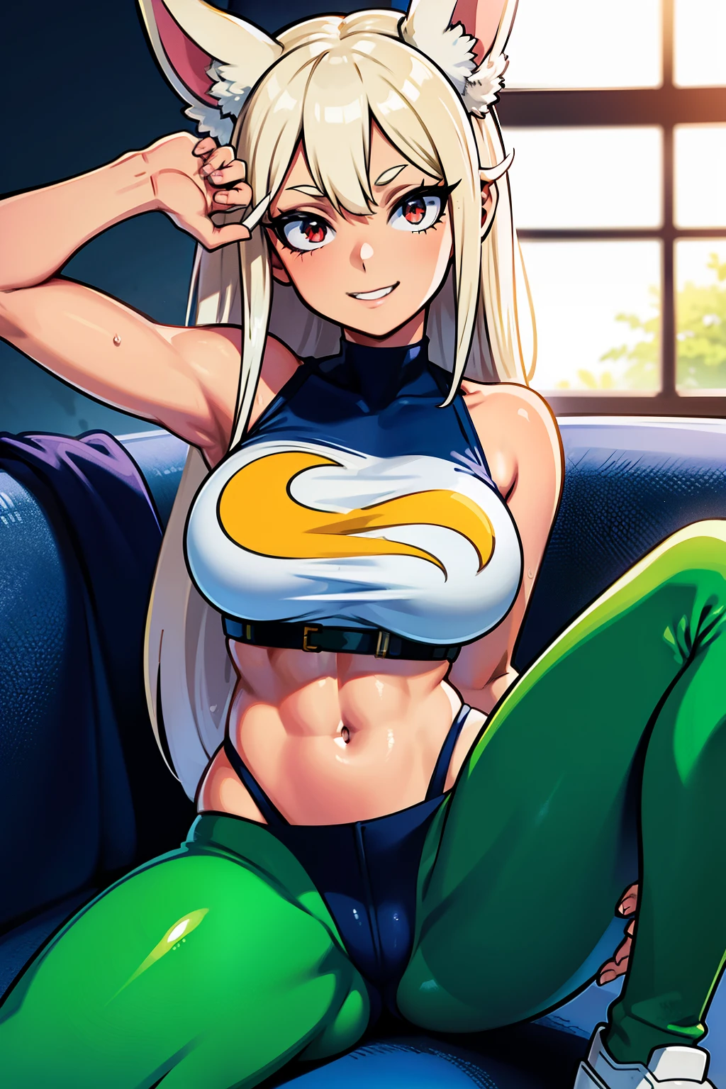 Cute girls,ojos rojos redondos, cabello blanco、orejas de conejo,sexy、sonriendo,Peinado liso medio a largo、(Bigboobs,lleva un sujetador verde,lleva unos leggins verdes,En una casa de alquiler,sitting on the couch,Noche,estaba lloviendo afuera,Upper body is wet.,cuerpo entero,lleva unos leggins verdes,green leggins