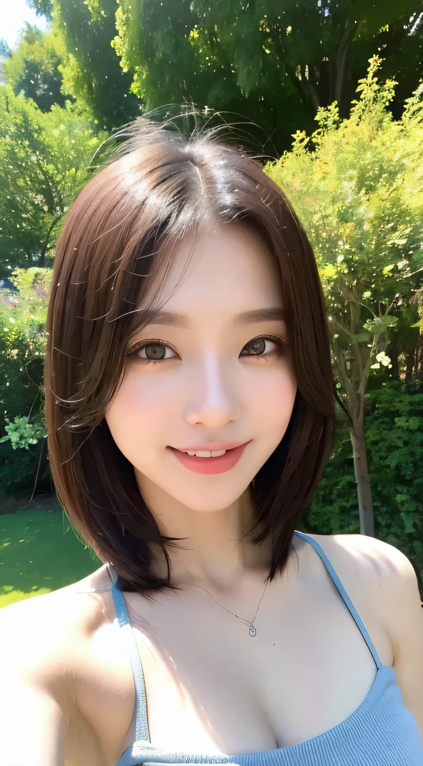 ((best image quality, 8K, masterpiece of:1.3)), 1 girl huge big tits, Beautiful woman with slender abs:1.3, (casual hairstyle, :1.2), sexy dress，Extra-fine face, detailed eye, double eyelid，smile,Let&#39;s take a photo with a cute pose，numbers are very bad，small small waist，big breasts，close，close chest，white skin，beautiful scenery