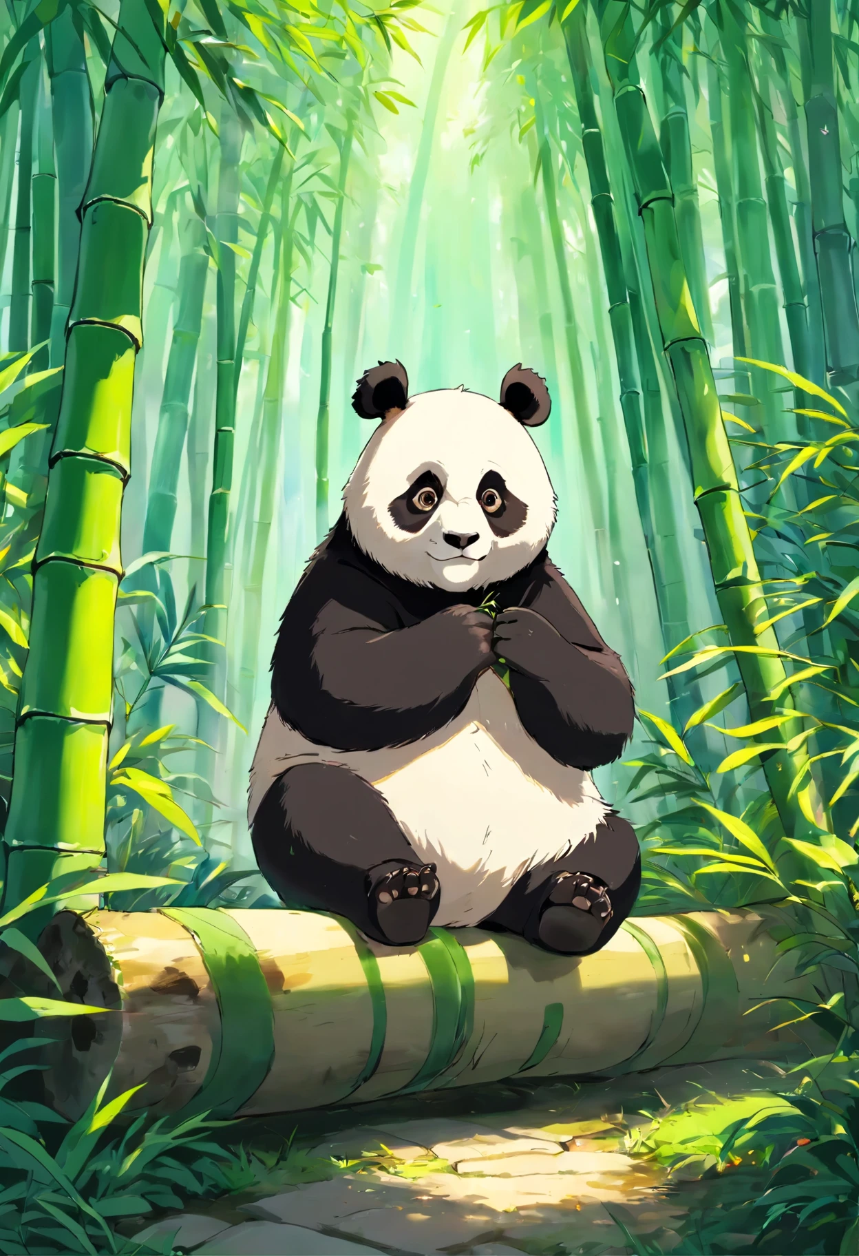(best quality,4k,8k,highres,masterpiece:1.2),ultra-detailed,realistic,photorealistic,animal,illustration,panda,peaceful,black and white,colored leaves,sitting on a tree,beautiful bamboo forest,curious eyes,fluffy fur,endangered species,endearing,playful,dreamy lighting,harmonious composition,vivid colors,picturesque landscape,traditional Chinese painting