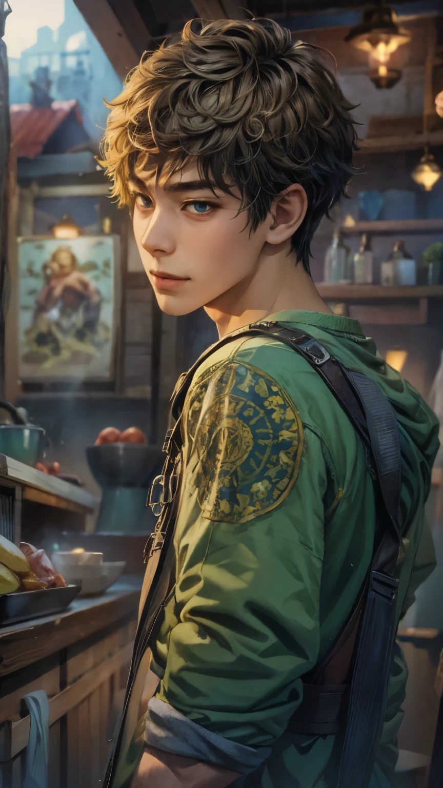 (absurdres, highres, ultra detailed, HDR), masterpiece, intricate details, best quality close-up picture of young Filipino boy with a perfect face, smirks, a boy with handsome looks, cool casual outfit, short hair, anime eyes, matured , fantastic outfit showing chest, crop top, detailed Philippines interiors, window market scenery, detailed character, art kenouji