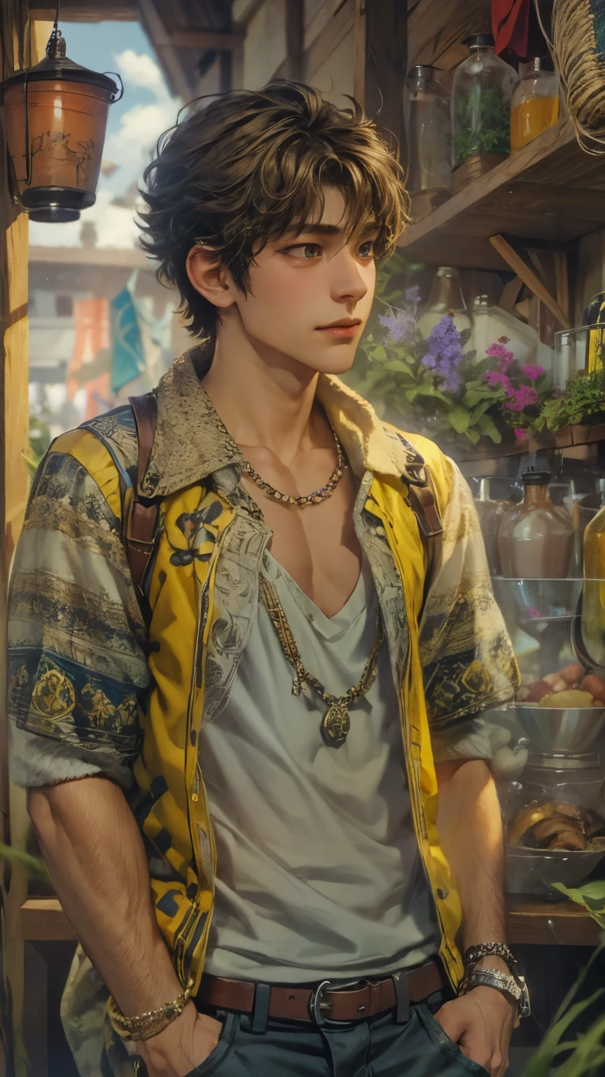 (absurdres, highres, ultra detailed, HDR), masterpiece, intricate details, best quality close-up picture of young Filipino boy with a perfect face, smirks, a boy with handsome looks, cool casual outfit, short hair, anime eyes, matured teen, fantastic outfit showing chest, crop top, detailed Philippines interiors, window market scenery, detailed character, art kenouji