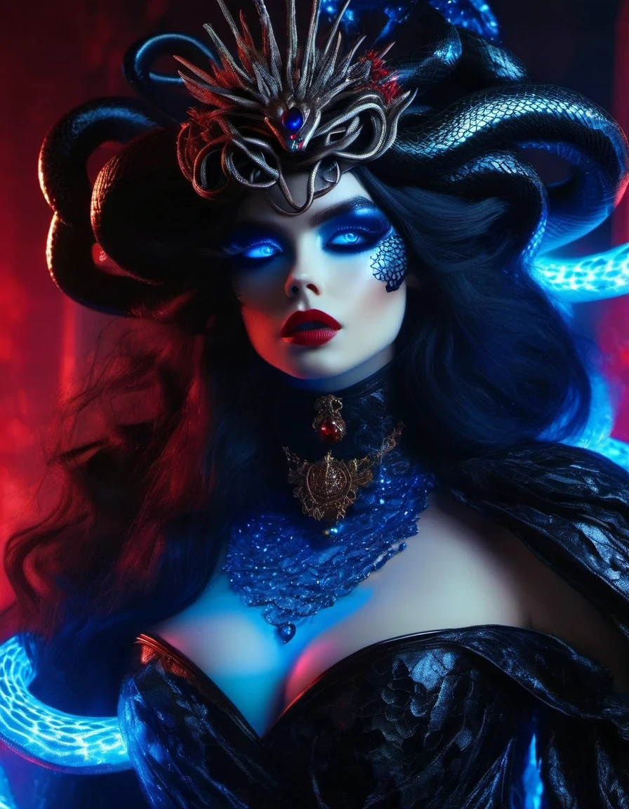 Gothic style red,Greek mythology Medusa wearing a very strange costume is blowing protruding large amounts of black smoke:0.9),(human head snake body),(Hair made of countless snakes),(snake scale skin),Black smoky makeup,There is red blood in the corner of the eye,Red snake tongue sticking out from open mouth,Blue seductive eyes,(In the foreground is the blue laser aurora emitting beams:0.3),complex clothing design, dreamworks animated bjork, james cameron avatar style, fantasy movie, Cyberpunk Elf Queen, Emma Watson plays the Snow Queen, Warhammer Nagash Haute Couture, Thierry Muller, 《Coraline》"The Other Mother" in,darkness is always there,Beauty and warmth come from darkness,Gorgeous model,waste plastic,废electric wire、electric wire,dead branches,Decadence scent,Alexander has a strong flavor of Gothic asceticism,gothic style,Savage growth,Optoelectronic style,science fiction,