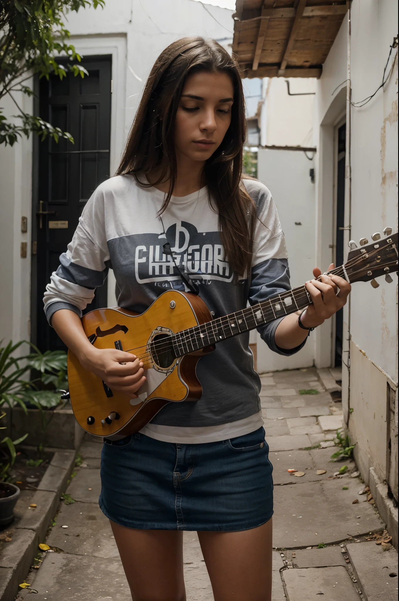 Guitarra electrica en el pasillo de una casa tirada en el suelo en una esquina